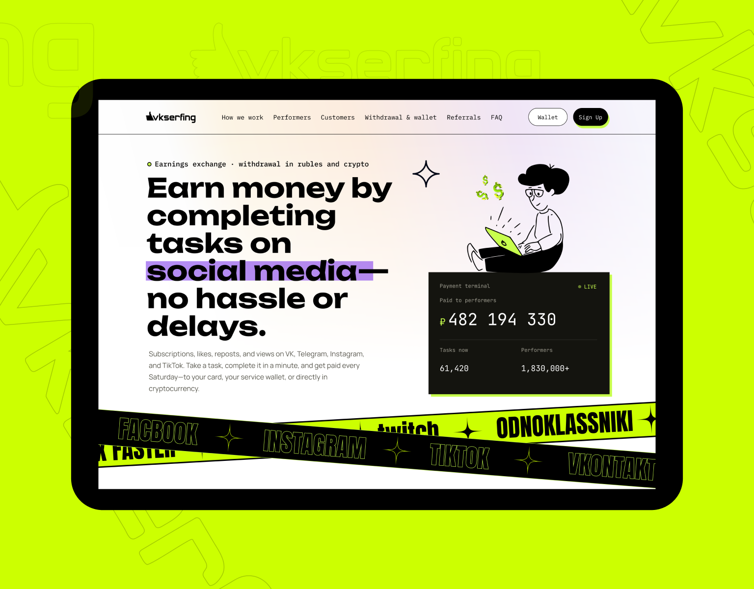 VKSerfing — Social Media Micro-Tasks & Earnings Platform app design clean design crypto dashboard desktop earnings fintech interface landing page landingpage micro tasks neo brutalism social media ui ux visual design web web design