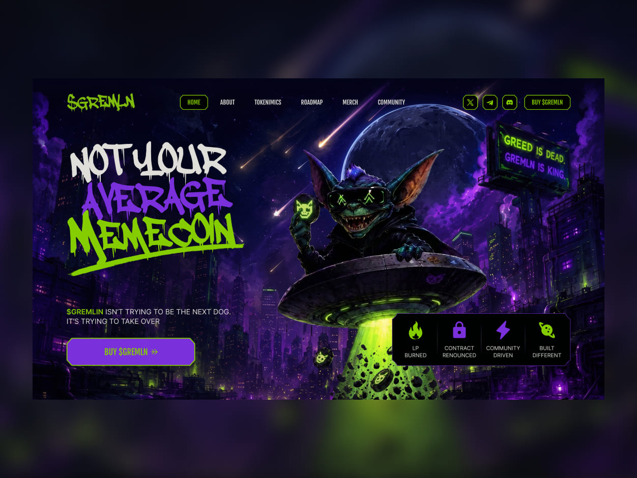 $GREMLIN — Punk Meme Coin Landing Page blockchain cognitive web collage concept design crypto crypto landing page crypto website cyberpunk digital art experimental design futuristic design gaming aesthetic gremlin hero section mascot design meme coin punk design ui design ux design visual storytelling web3