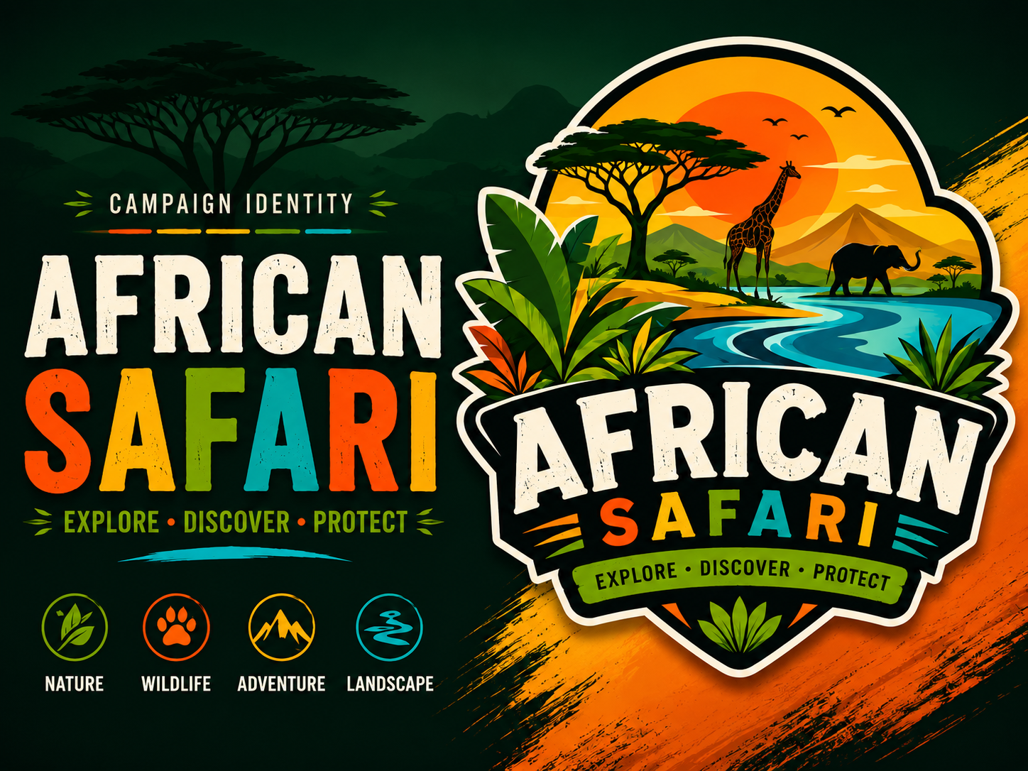 African Safari — Bold Colorful Campaign Logo adventure africa african safari badge logo brand identity campaign design colorful branding colorful logo illustration landscape logo logo design nature logo outdoor branding playful design safari logo travel branding vector illustration visual identity wildlife