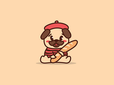 Pug in Paris adorable animation baguette bread cartoon character design cute design dog graphic design illustration mascot motion graphics pug sticker toque vector