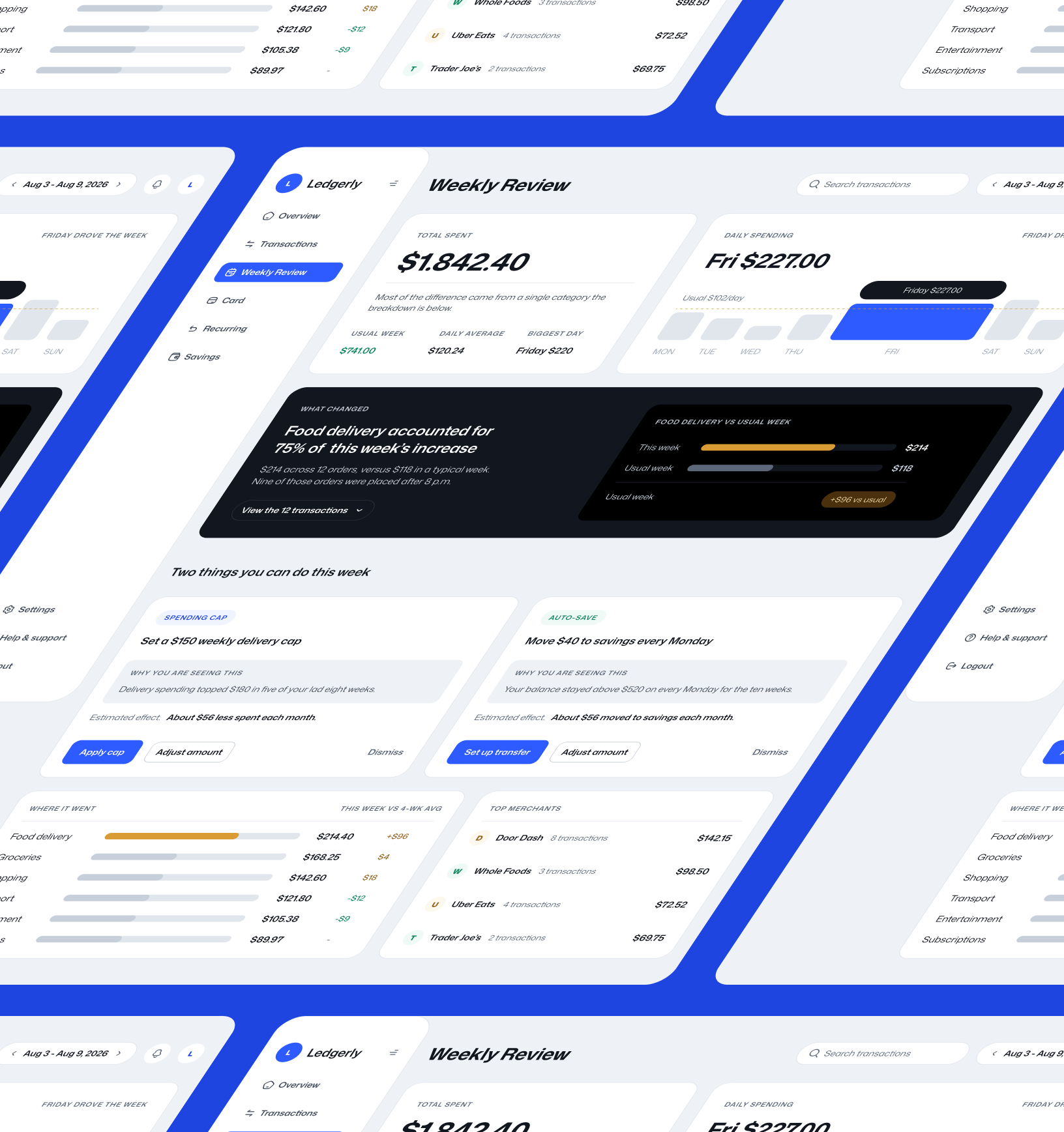 Ledgerly Weekly Review Finance Dashboard UI amber accent bar chart black panel budgeting app card layout dashboard design data viz desktop ui finance dashboard fintech ui insight panel merchant list money app personal finance saas dashboard savings card sidebar nav spending tracker web app ui weekly review