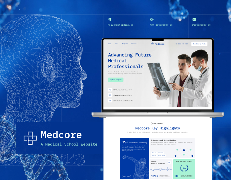 Medcore – Medical School Website UI Figma design inspiration digital design dribbble design education design education website figma design health care design medcore medical school medical website ui design ui inspiration ui showcase ui trends uiux design ux design web design website ui