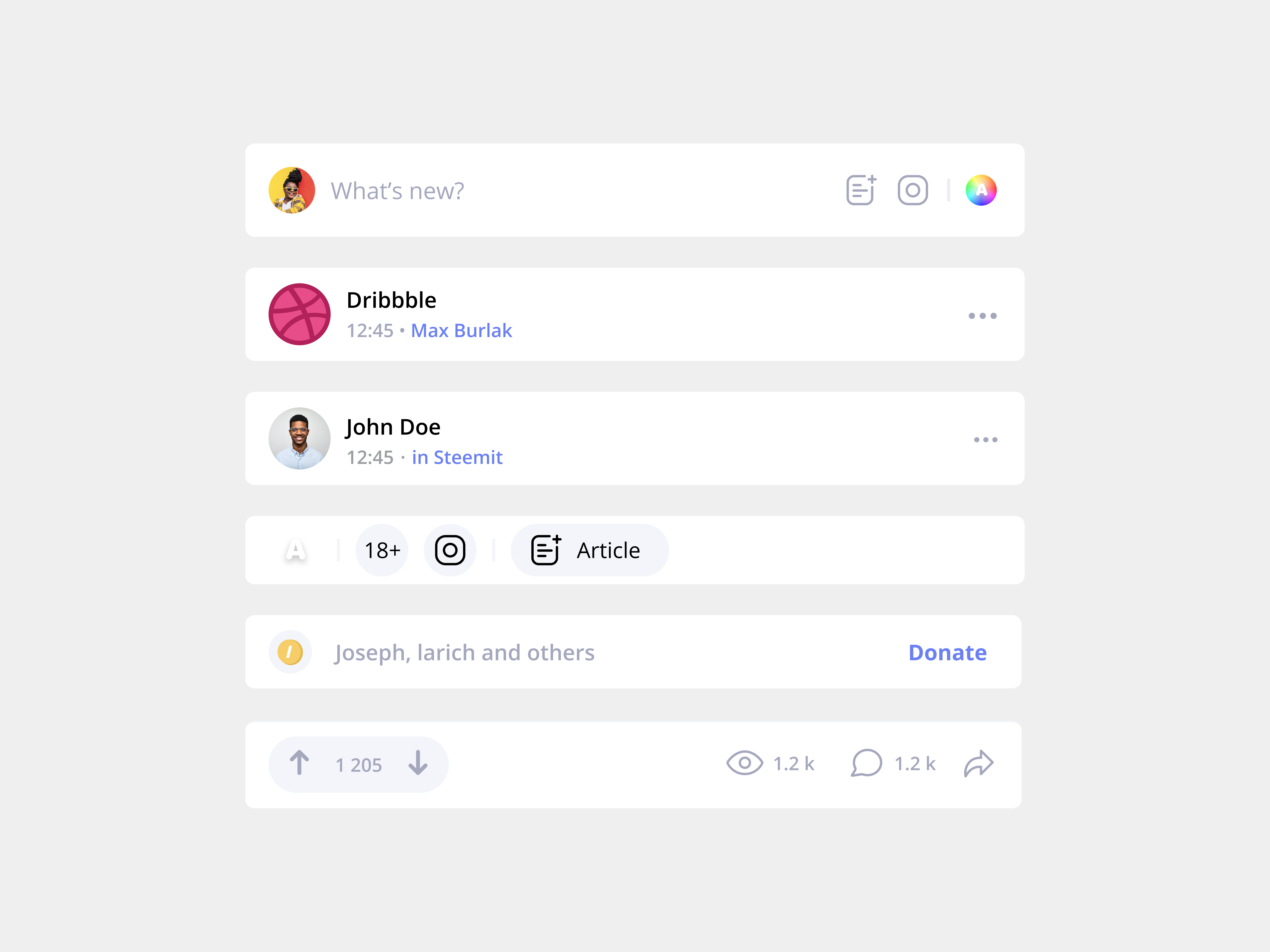 Example of Social network feed card components