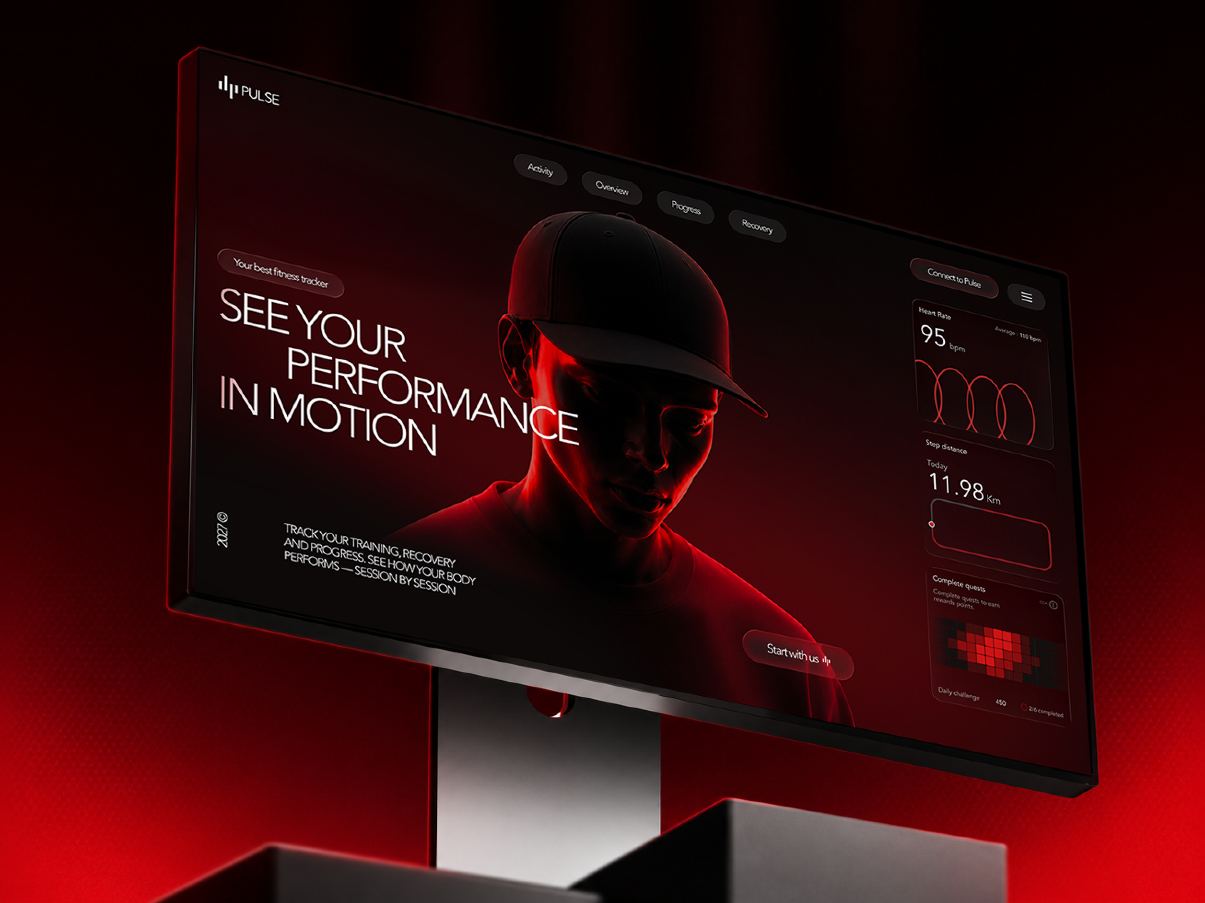 Pulse — Fitness Tracker Landing Page dark more health care dark ui fitness app data visualization fitness app fitness homepage fitness tracker fitness website health care branding health dashboard health website healthcare ui design landing page landing page design product design fitness saas fintech sport landing page sport web app tracker website design ux design health website web design sport