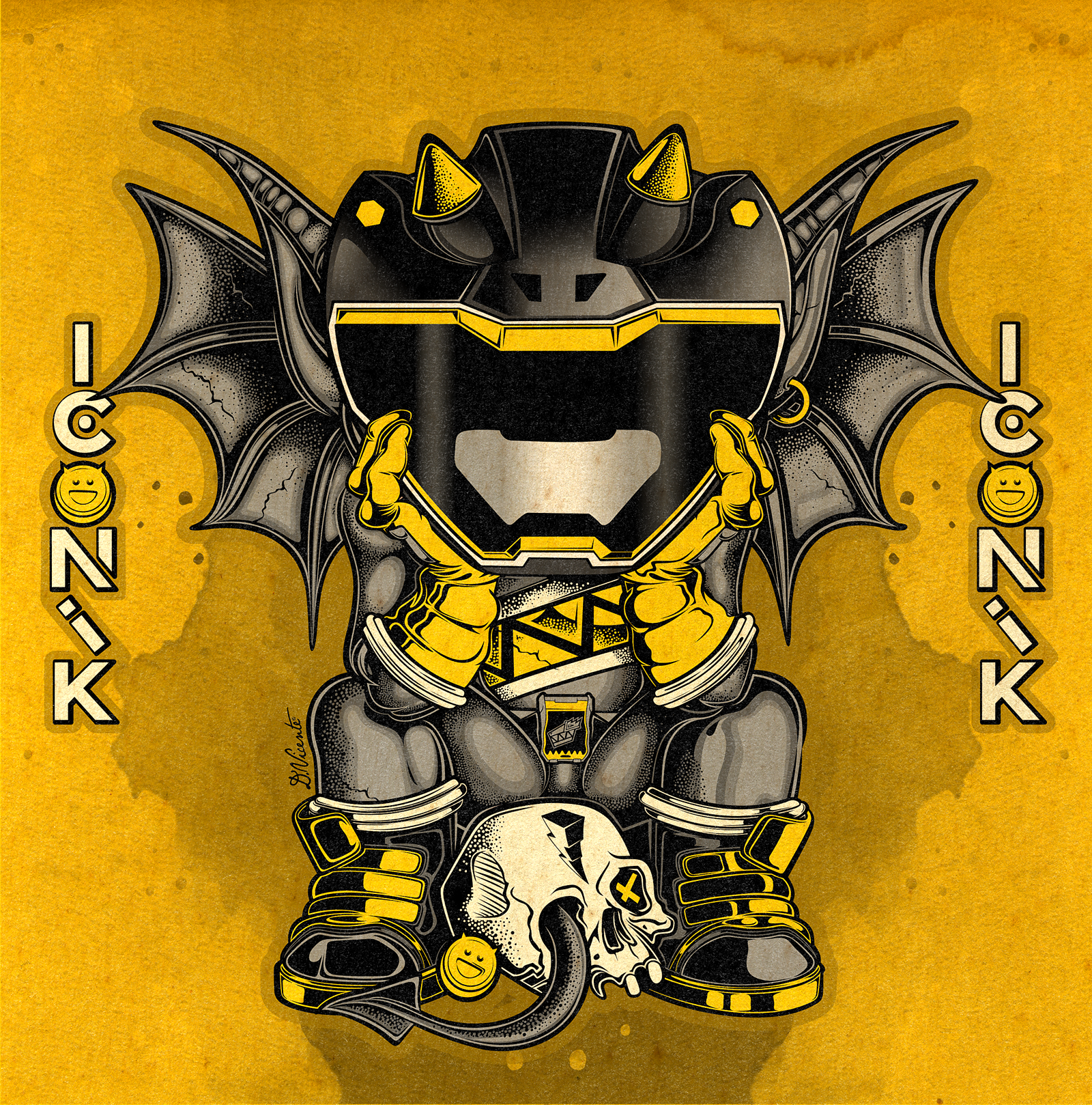 WILD CHILD ICONIK #42 - YELLOW RANGER 1990s nostalgia cartoon art character design collectible art creature design gargoyle art helmet design iconik illustration lowbrow art mighty morphin power rangers monster design pop culture art power rangers saber toothed tiger street art superhero art trini kwan wild child yellow ranger