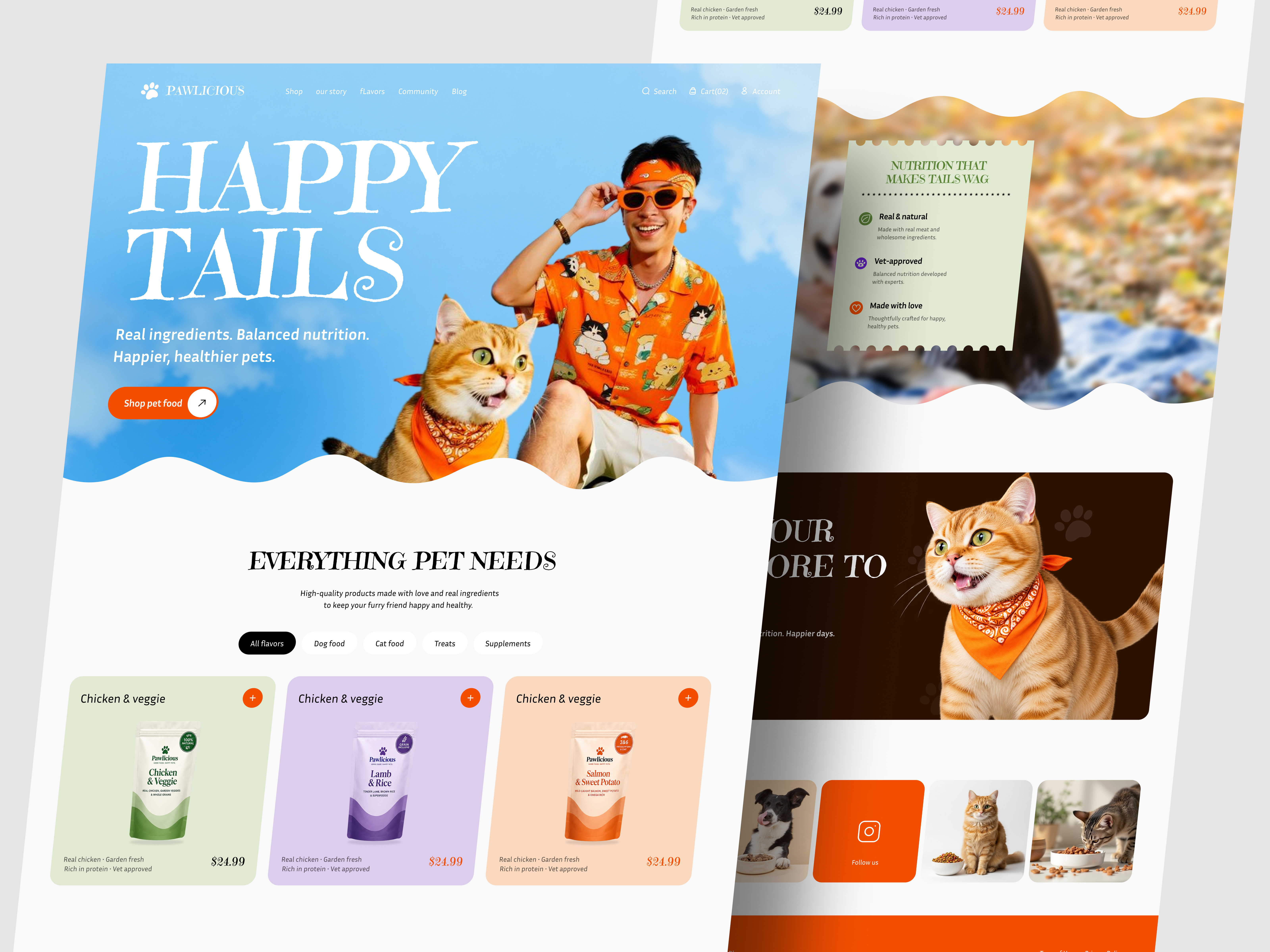 Pawlicious | Pet Food Ecommerce Website Design animal nutrition bold typography brand identity cat food dog food ecommerce website figma design landing page pet care pet ecommerce pet food pet shop pet store pet supplies product page shop page ui design web design webflow website design