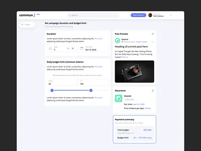 Advertisement campaign settings ads ads management ads publication budget daily limit duration inputs network placement post preview publication social social network summary ui