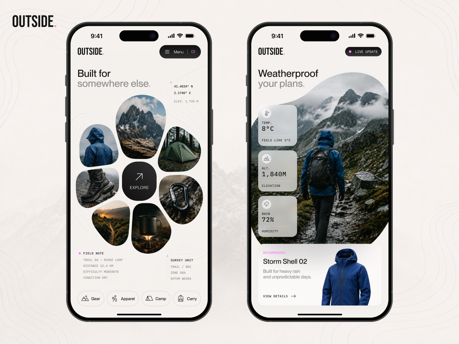 OUTSIDE. 🏔️ adventure app appdesign camping exploration gear hiking ios mobileapp mountains nature outdoor outdoorapp outdoorgear technicalapparel trail travel weatherproof