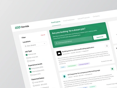 Derrida - Freelance Hiring Dashboard 🔥 career dashboard employment freelance dashboard freelance project freelance project dashboard freelancer hiring job application job finder job listing job portal jobs product design recruitment saas ui ui design uiux upwork