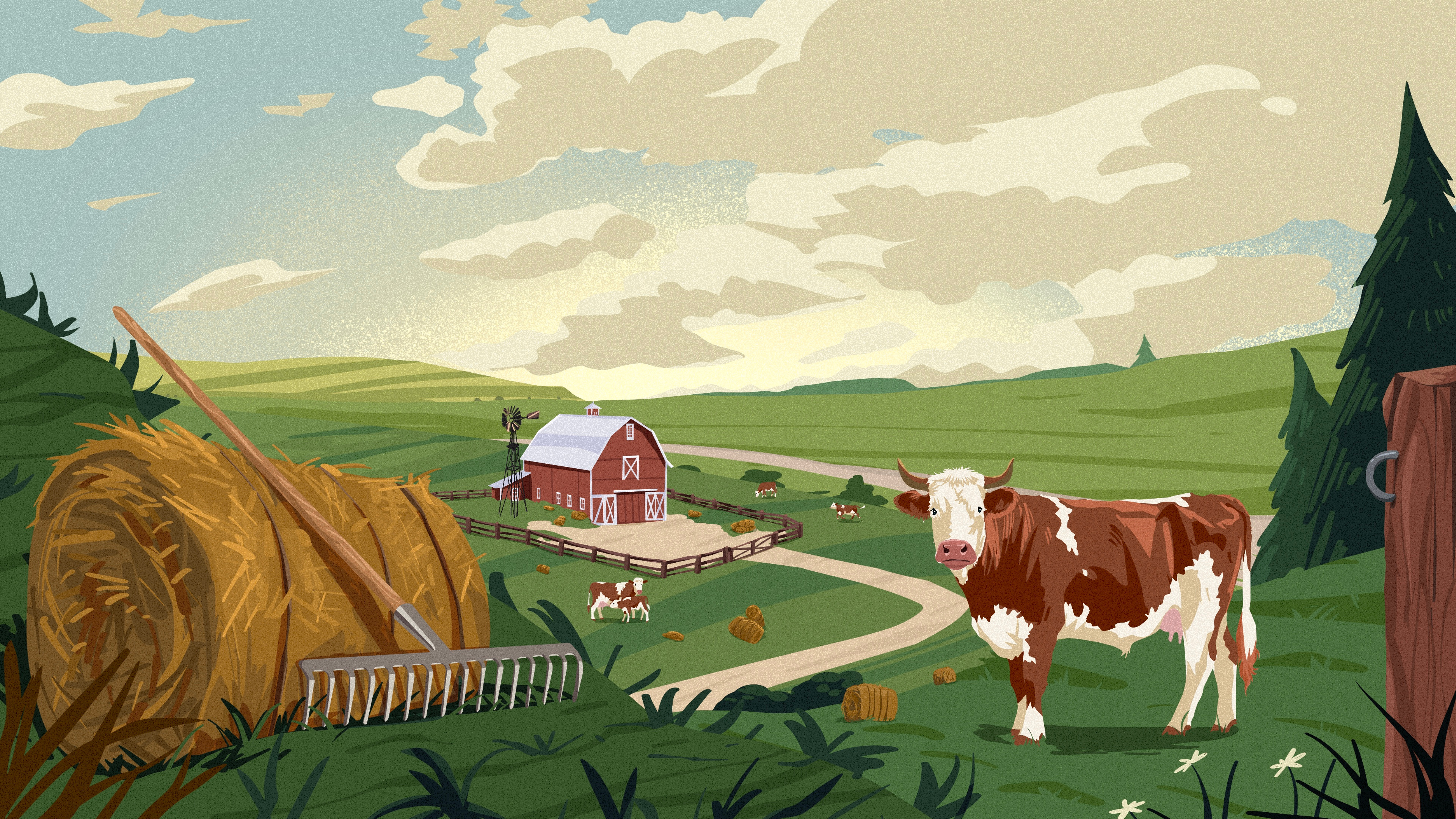 Quiet Fields barn cattle countrylife countryside cow editorial illustration farm farmer farmland fields illustration landscape landscape illustration nature pastoral rural scenery scenic vintage vintage illustration