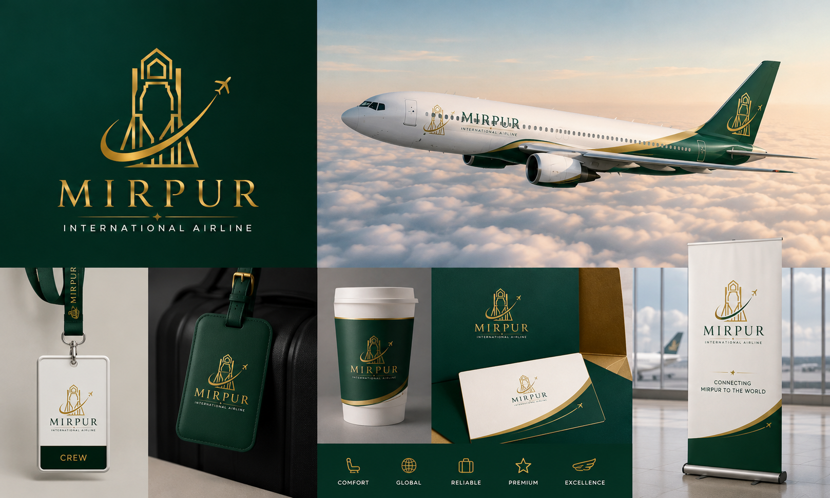 Mirpur International Airline - Concept Logo Design with Branding airline logo brand identity branding branding kit chowk shaheedan golden green logo logo design minimal minimalist mirpur international airline mockups modern ui