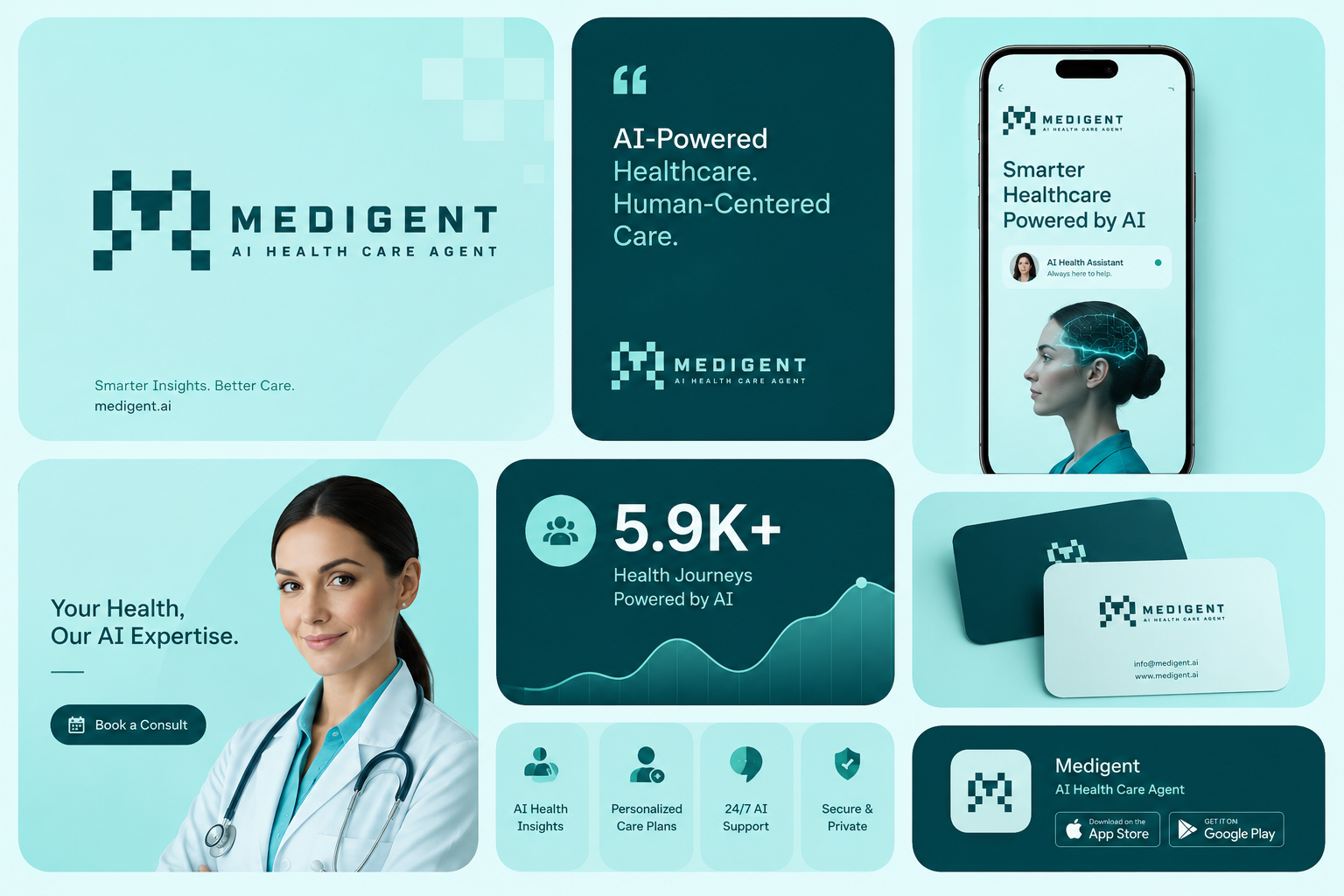 MEDIGENT - AI Medical Health Agent [ Concept logo + branding ] abstract ai medical health agent brand identity brand identity kit branding branding kit concept logo cyan graphic design logo logo design medigent minimalist modern ui visual