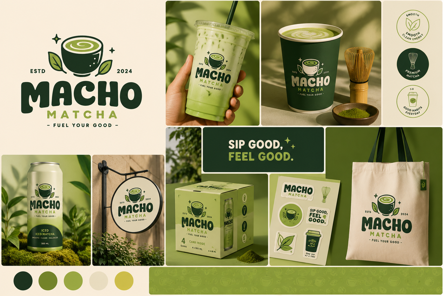 Macho Matcha - Concept Logo Design with brand identity Kit brand brand identity brand identity kit branding branding kit cofee concept design design drink green logo logo design macha macho matcha matcha minimal minimalist mockups modern white