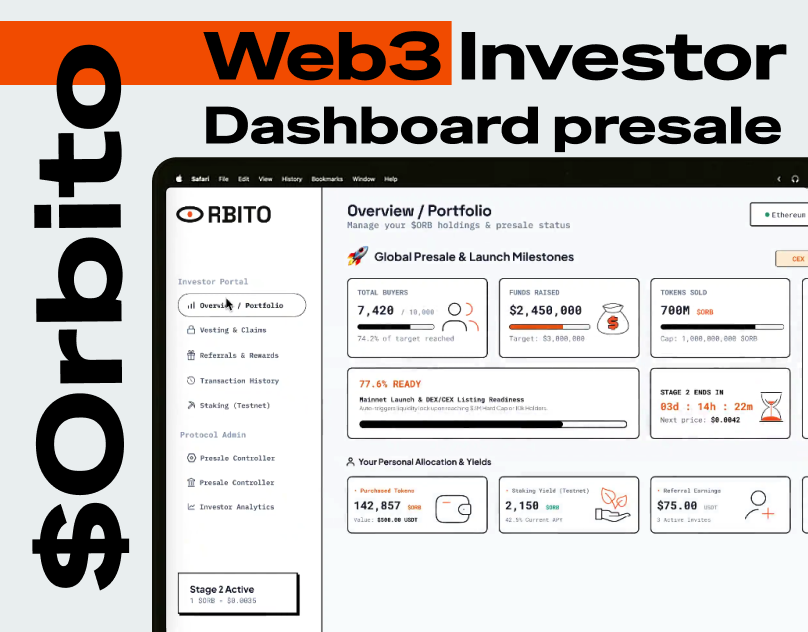 ORBITO — Web3 Presale & Investor Dashboard app design brutalism clean ui crypto crypto wallet dark mode dashboard figma fintech landing page presale saas tokenomics ui design user experience user interface ux design web3