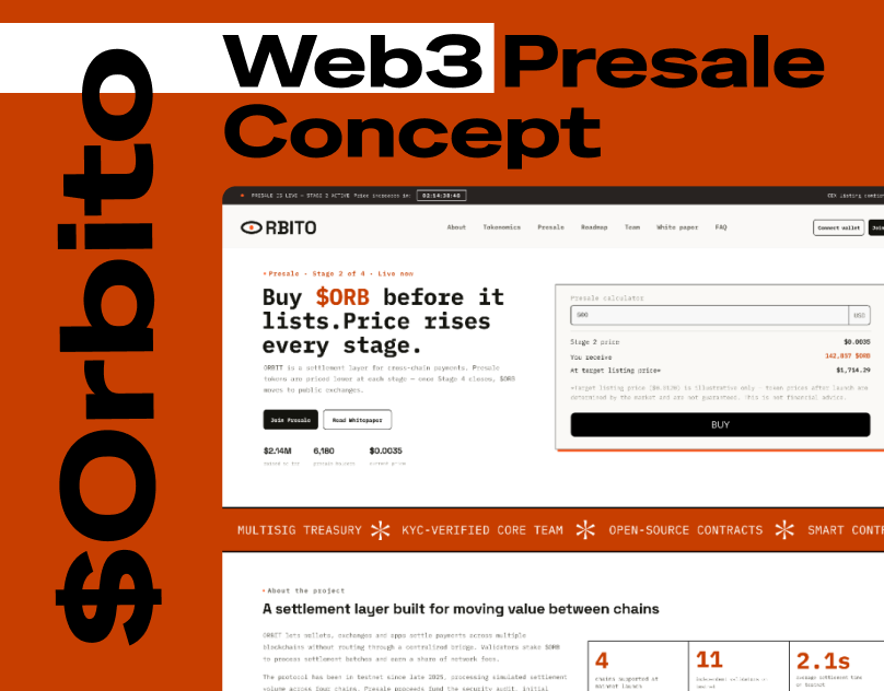 ORBITO — Web3 Crypto Presale & Settlement Layer bento grid blockchain crypto crypto presale dark ui fintech interface landing page landingpage minimalist neo brutalism presale token sale tokenomics ui ux web design web3