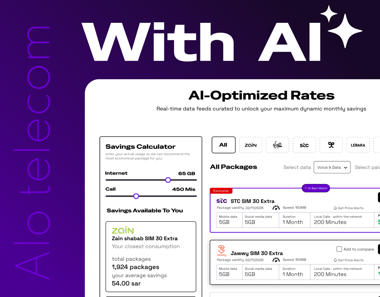 ALO Telecom — Saudi Mobile Packages Comparison app design bento grid clean ui comparison dynamic ui fintech interface landing page mobily packages saudi arabia stc telecom ui ux web web design zain