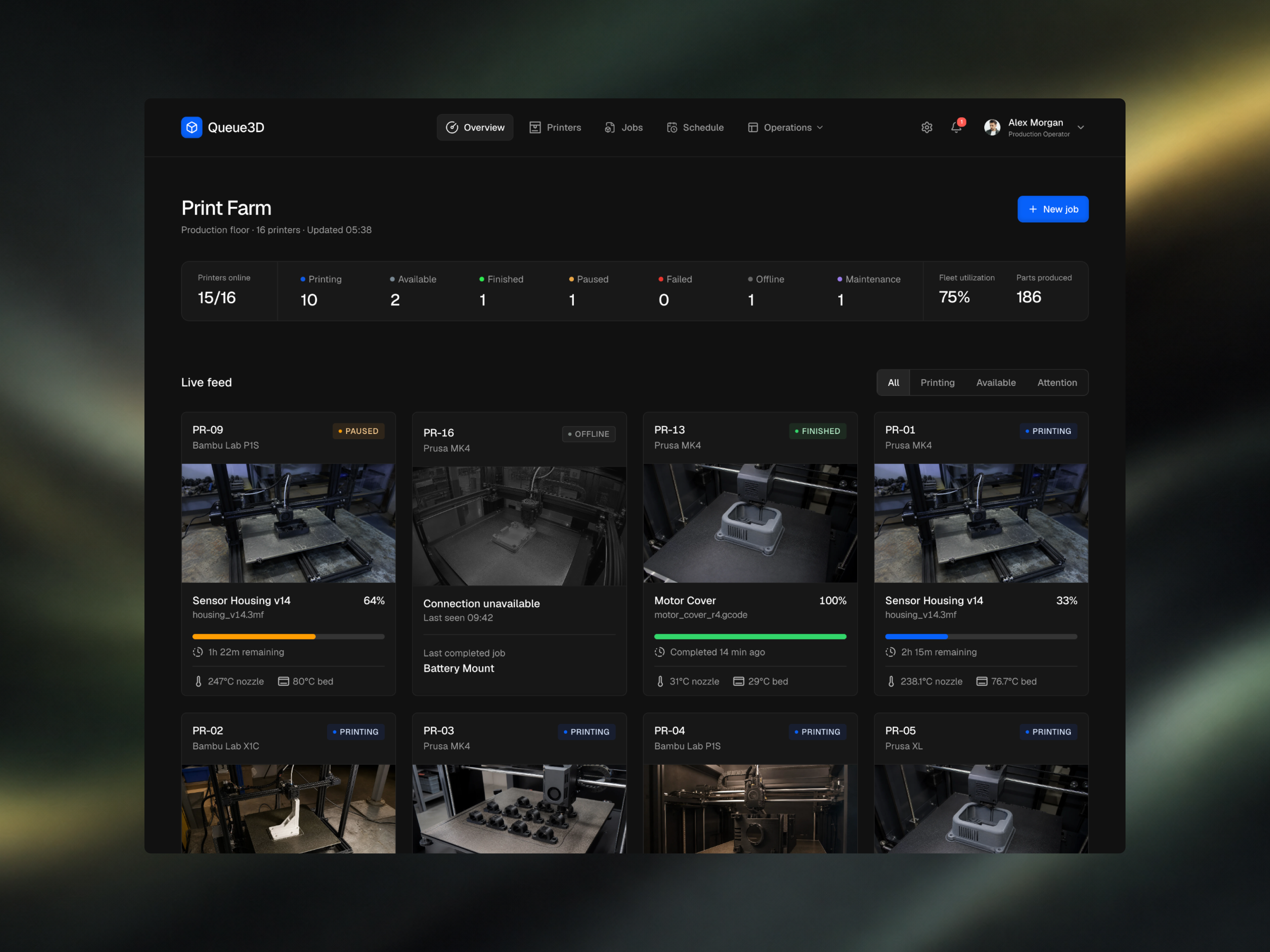 Queue3D — 3D Print Farm Dashboard 3d printing dashboard industrial management product saas ui ui design web app