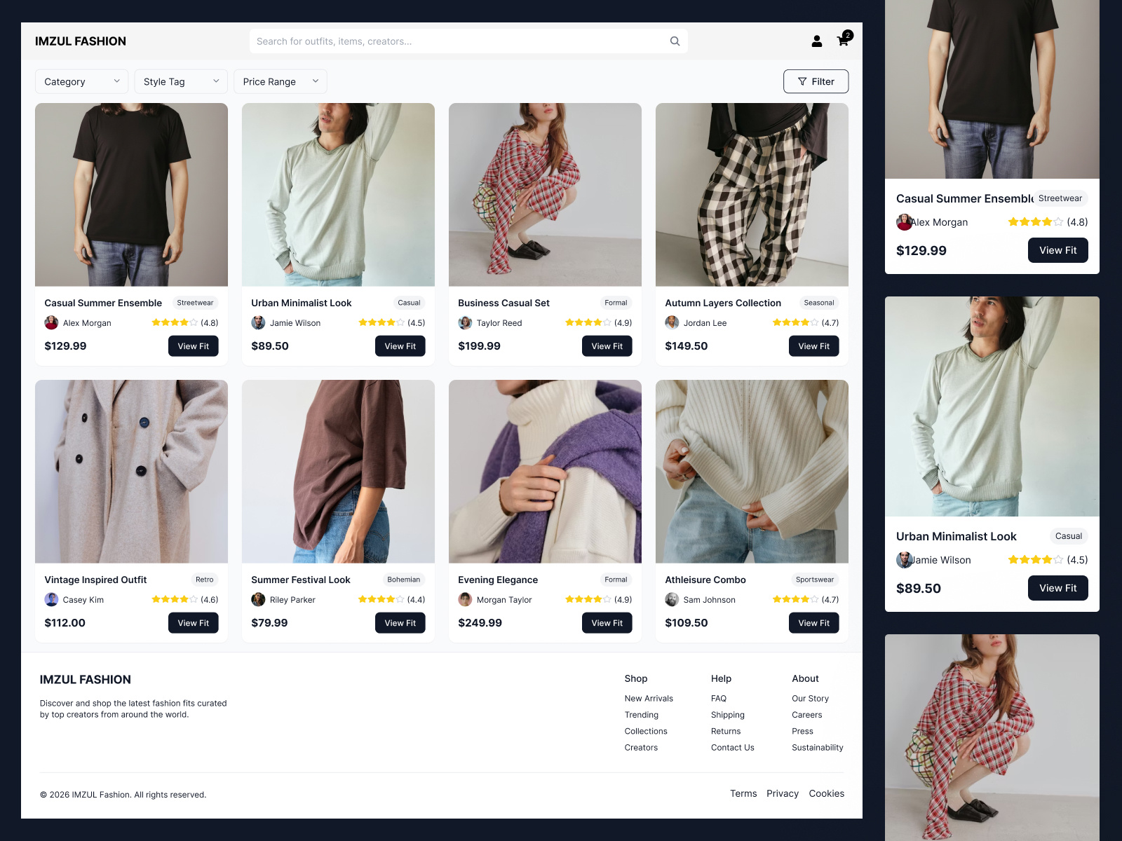 Imzul Fashion – Outfit Breakdown & Item Swap Flow ai app design blockchain clothing brand crypto design ecommerce ecommerce design ecommerce website fashion app fashion ecommerce figma online shopping product design product page product page design shopping app ui design ux design web design