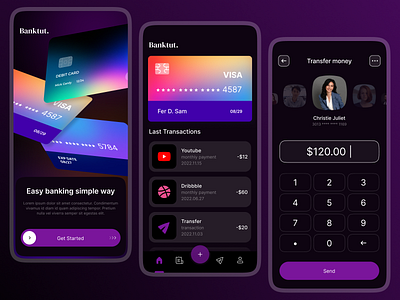 Banktut. - ATM card application animation app atm banking app branding card card bank clean dark dark theme design exploration finance manage money motion graphics payment rich theme ui designer