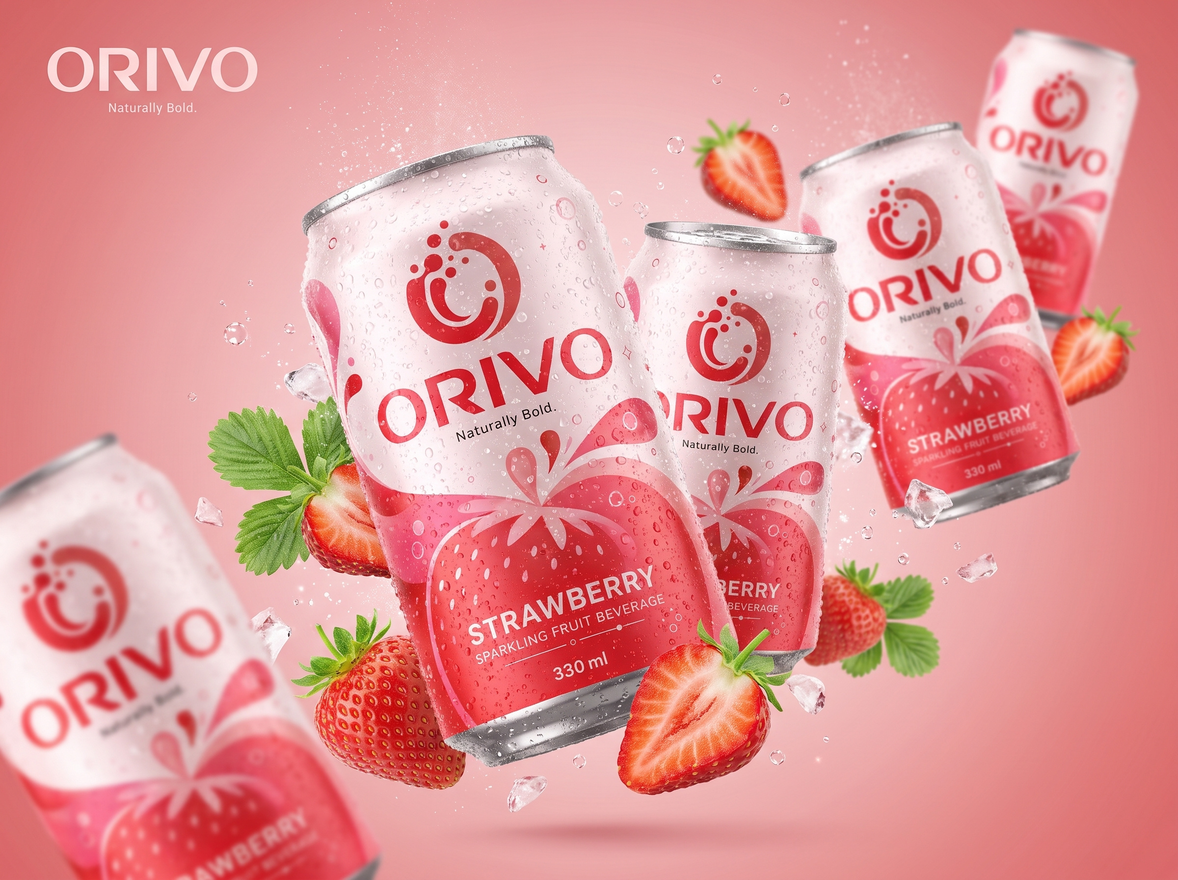ORIVO Strawberry Sparkling Beverage Can Label & Packaging Design beverage branding beverage label beverage logo beverage packaging brand identity can design can label design drink packaging fmcg packaging food packaging fruit beverage logo design packaging branding packaging design product packaging soda can design sparkling beverage sparkling fruit beverage strawberry beverage strawberry drink