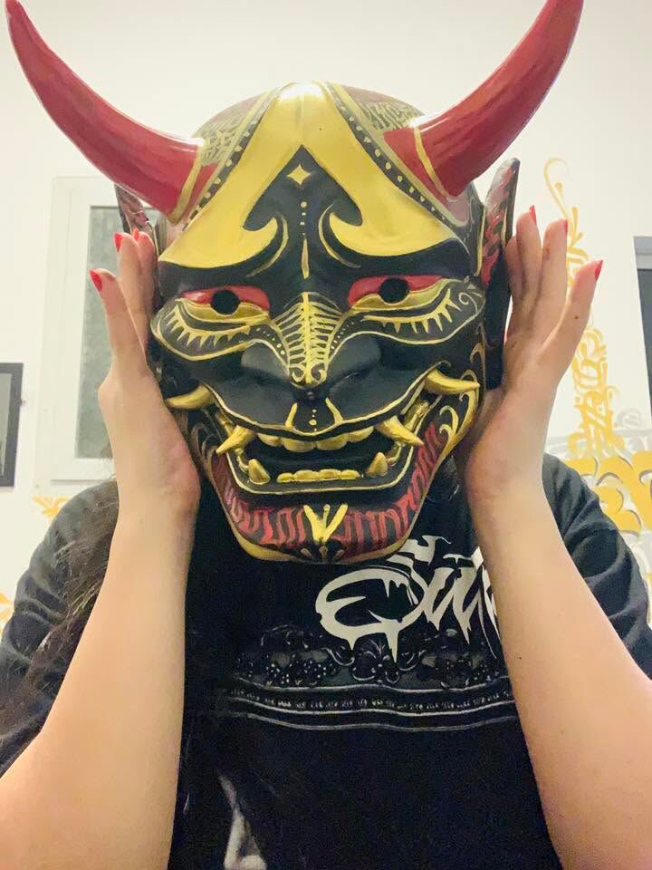 Custom Hand-Painted Hannya Mask | Yangonfornia character design custom mask dark art handcrafted hannya mask illustration japanese art oni mask physical art prop design sculpture wearable art yangonfornia