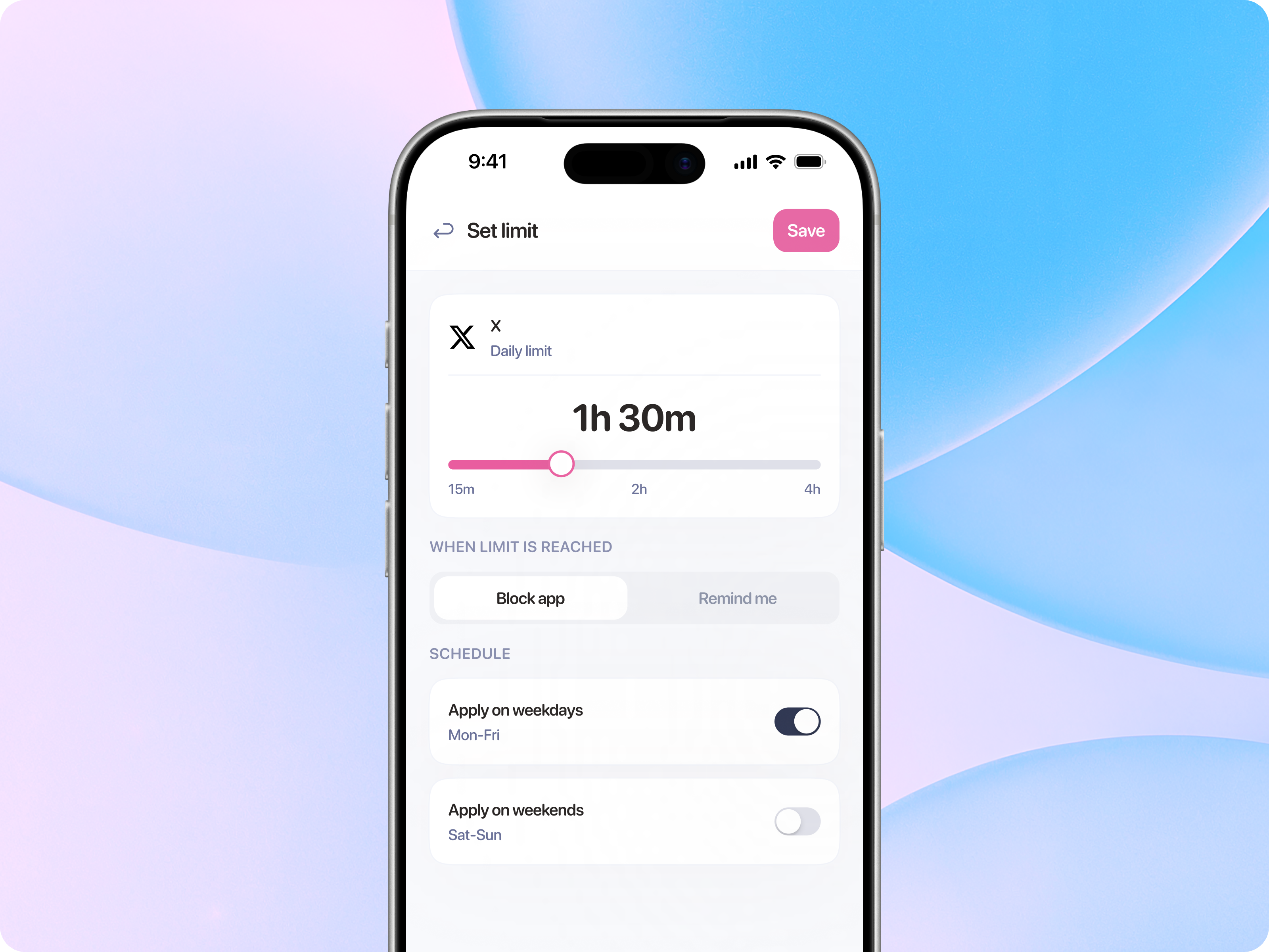 Set Limit Screen — Minimal iOS App UI, Screen Time App UI app limit app ui apps digital wellbeing figma ios app ui limits minimal ui mobile app design mobile ui ux product design screen time app set limit settings screen slider ui soft ui ui design ui ux design