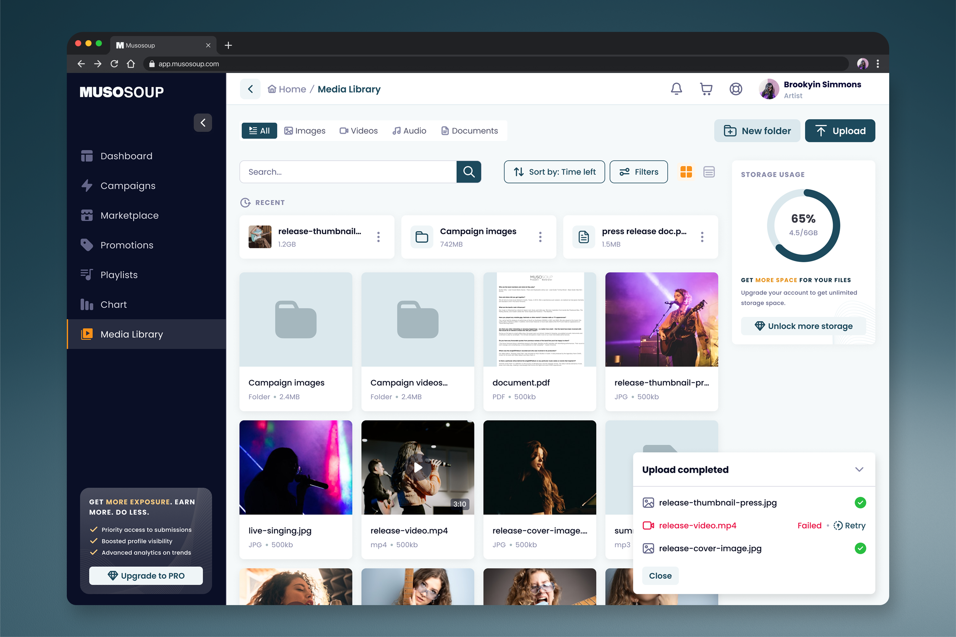 Media library artist asset library asset management cloud storage curator media library music music promotion product design product growth product strategy saas ui upload upsell ux web app