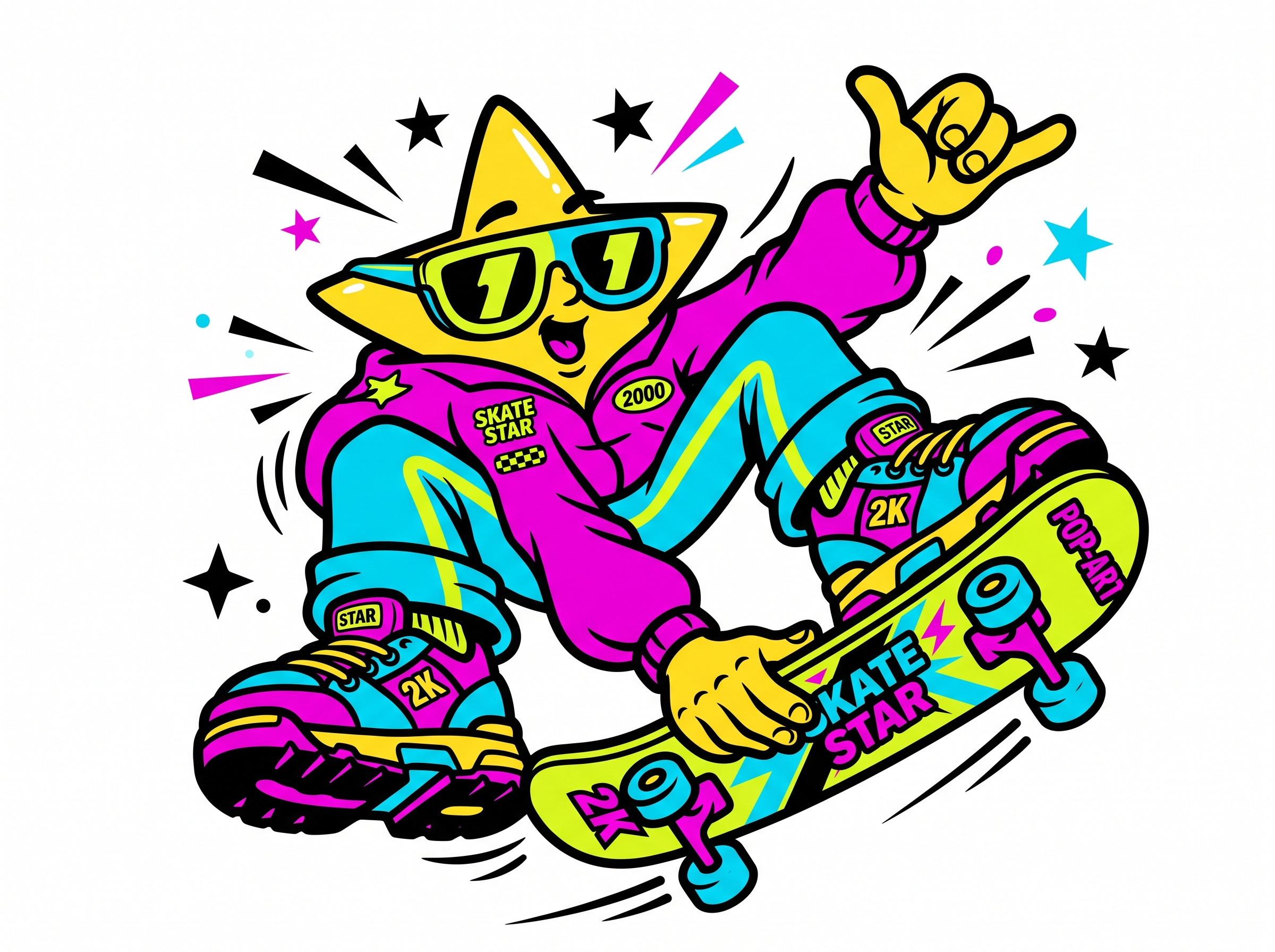 Skate Star — Retro 2000s Skateboarding Character Design apparel design bold illustration brand mascot cartoon mascot character art character design cyber y2k illustration logo mascot mascot design neon colors pop art retro design skate art skateboard deck sticker art streetwear design vector mascot vintage streetwear y2k aesthetic