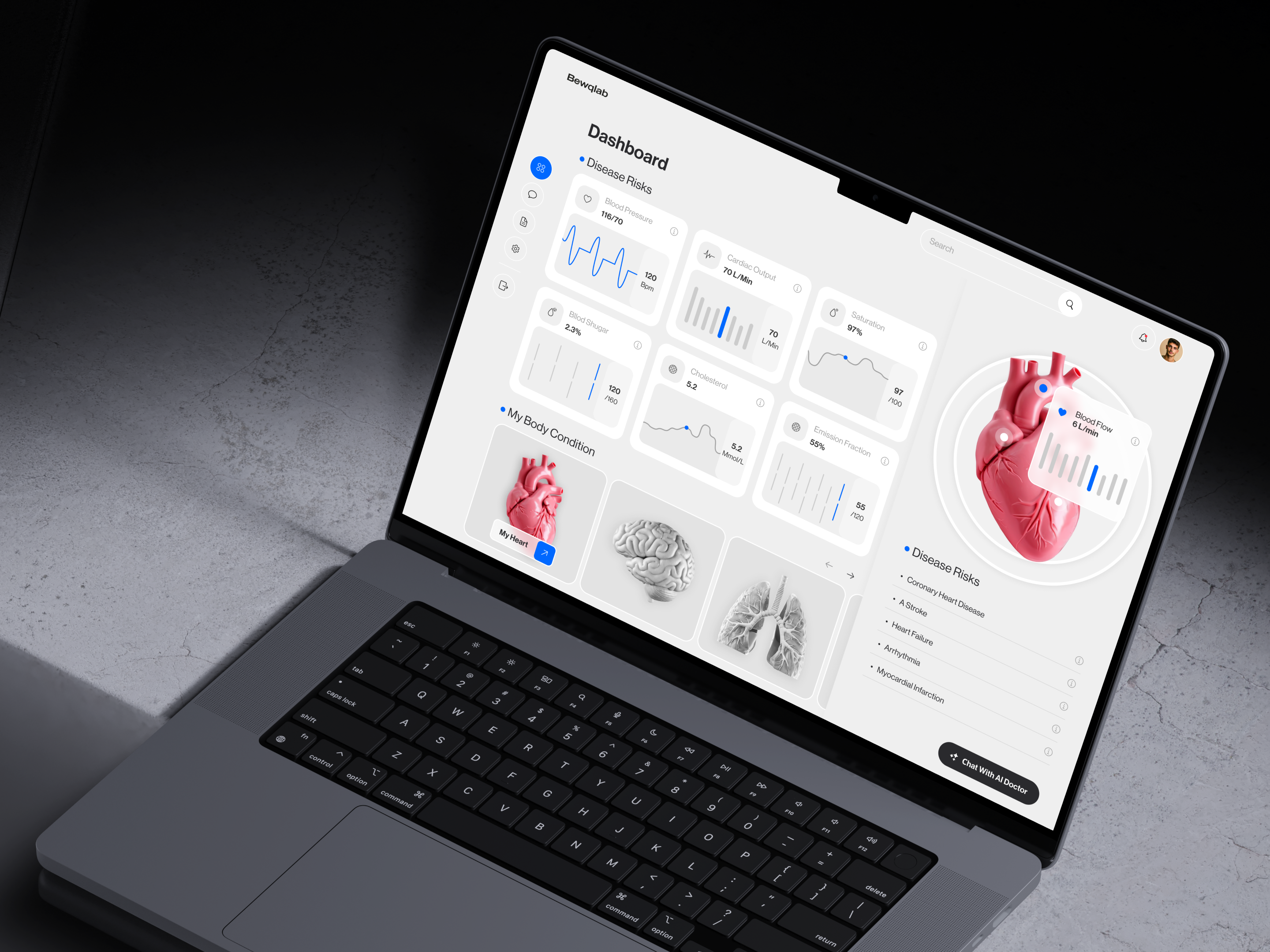 Health Monitoring Dashboard — Cardiac Metrics UI 3d render ai chat ai doctor analytics dashboard blue accent cardiology clean ui dashboard data visualization digital health health dashboard health monitoring healthcare app light ui medical dashboard medtech product design saas dashboard ui ux design web app