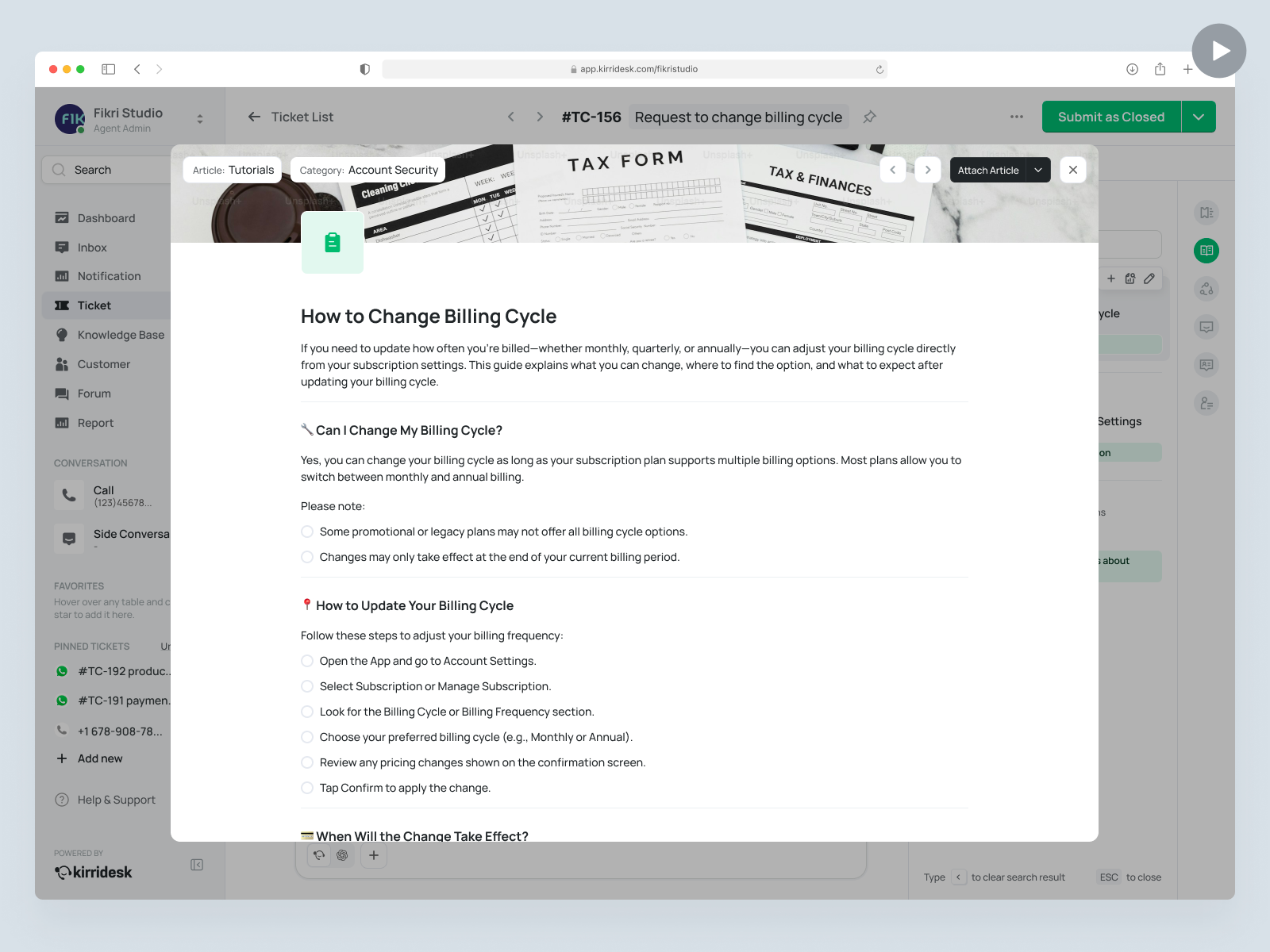 Kirridesk - AI Article Suggestion & Next Step (Customer Service) agentic ai ai ai agent animation customer service customer service software customer support cx dashboard help desk product design saas saas design ticket management ticketing system ui ux web design