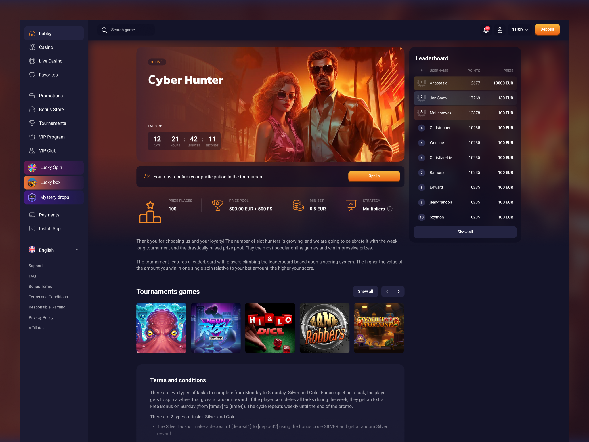 Cyber Hunter — Casino Tournament Leaderboard UI casino design gambling tournaments ui ux web design