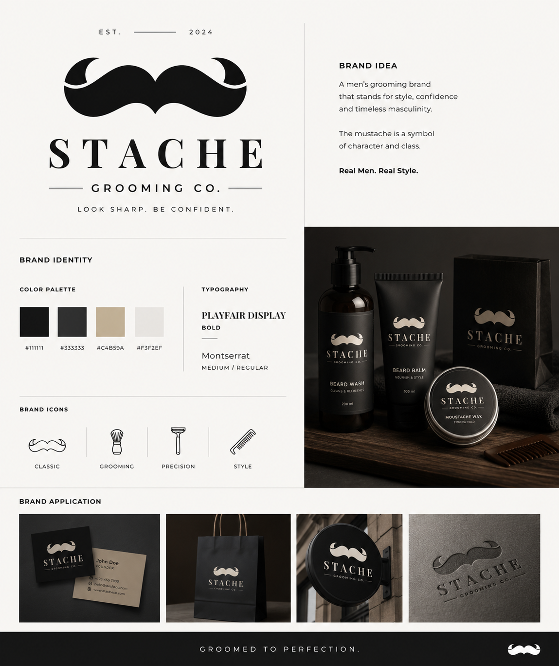 STACHE Grooming Co. - Premium Men’s Grooming Brand Identity barber barbershop beard care brand identity branding cosmetics grooming brand logo design luxury branding masculine branding men grooming mens grooming minimalist branding moustache mustache packaging design premium branding product branding typography visual identity