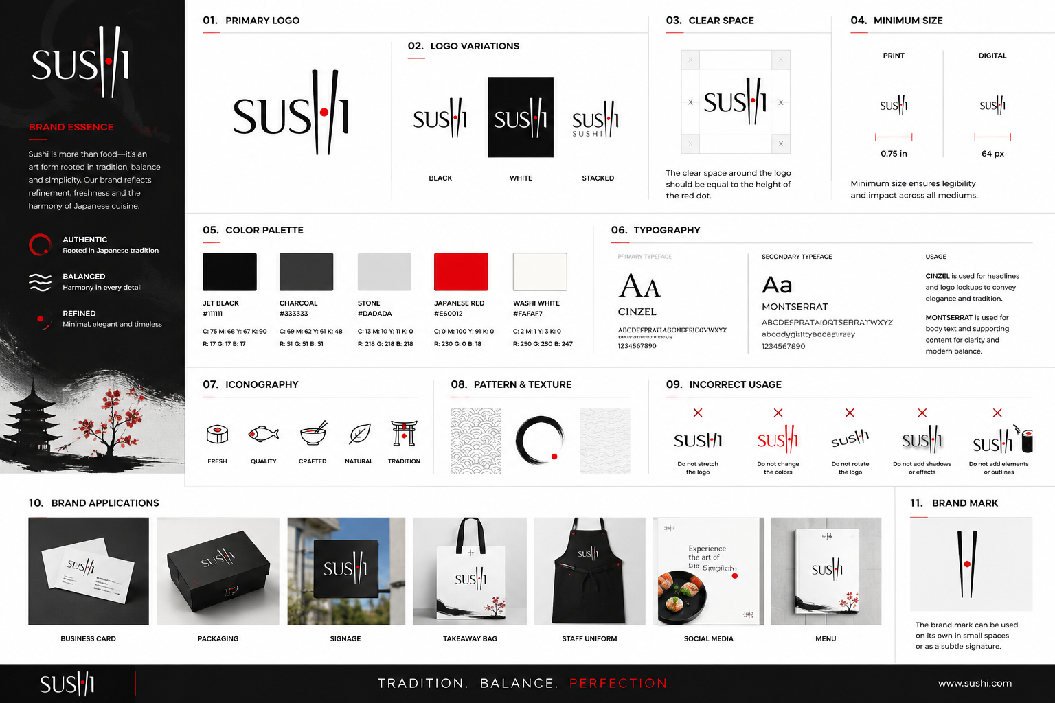 Sushi — Japanese Restaurant Logo & Brand Identity Design brand guidelines brand identity brand style guide branding food branding hospitality branding japanese logo japanese restaurant logo design minimalist logo modern logo packaging design premium branding restaurant branding restaurant logo sushi logo visual identity