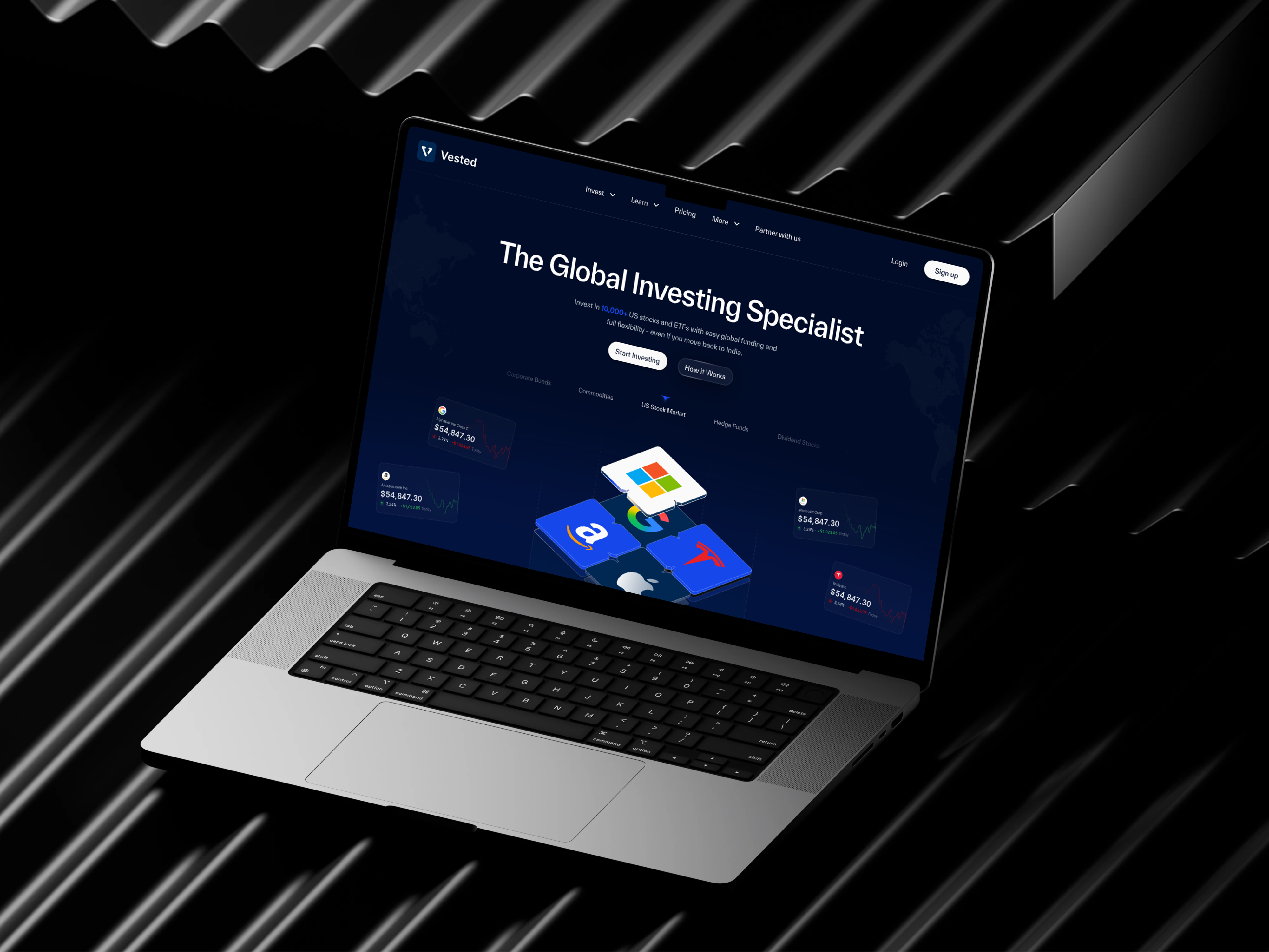 Vested Finance — Hero Section Redesign brand design dark theme dark ui dashboard design finance app hero section homepage design investing app landing page product design saas design stock market tags (20): fintech trading platform ui design ux design visual design web app web design website redesign