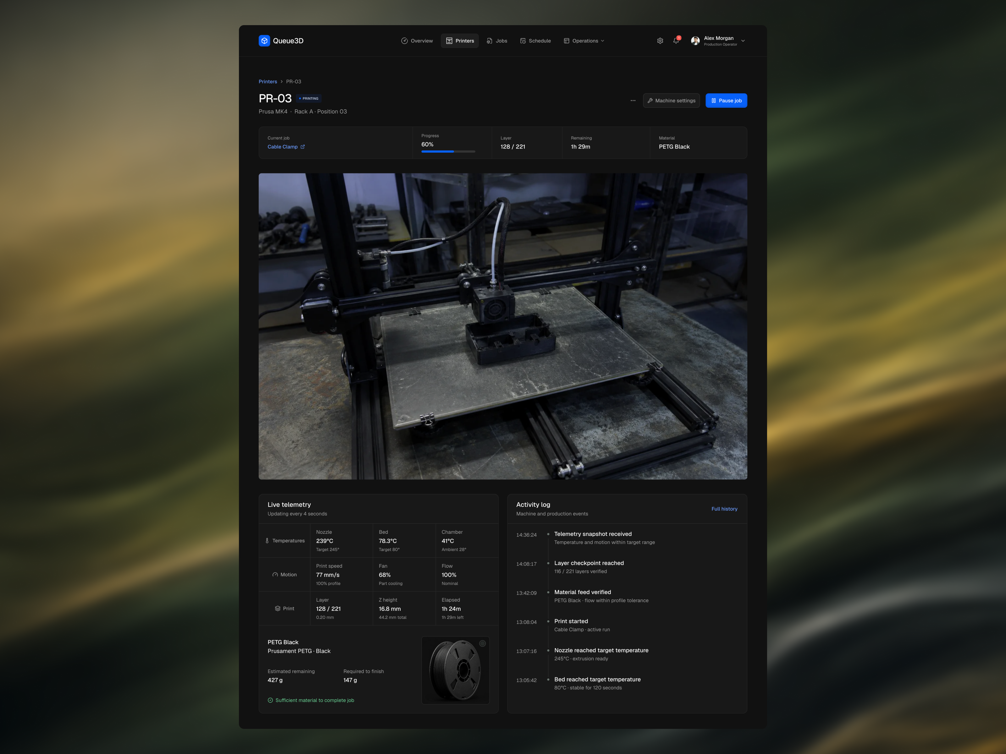 Queue3D — Printer Detail 3d printing app dashboard gui industrial industrial dashboard layout production saas ui user experience web web app
