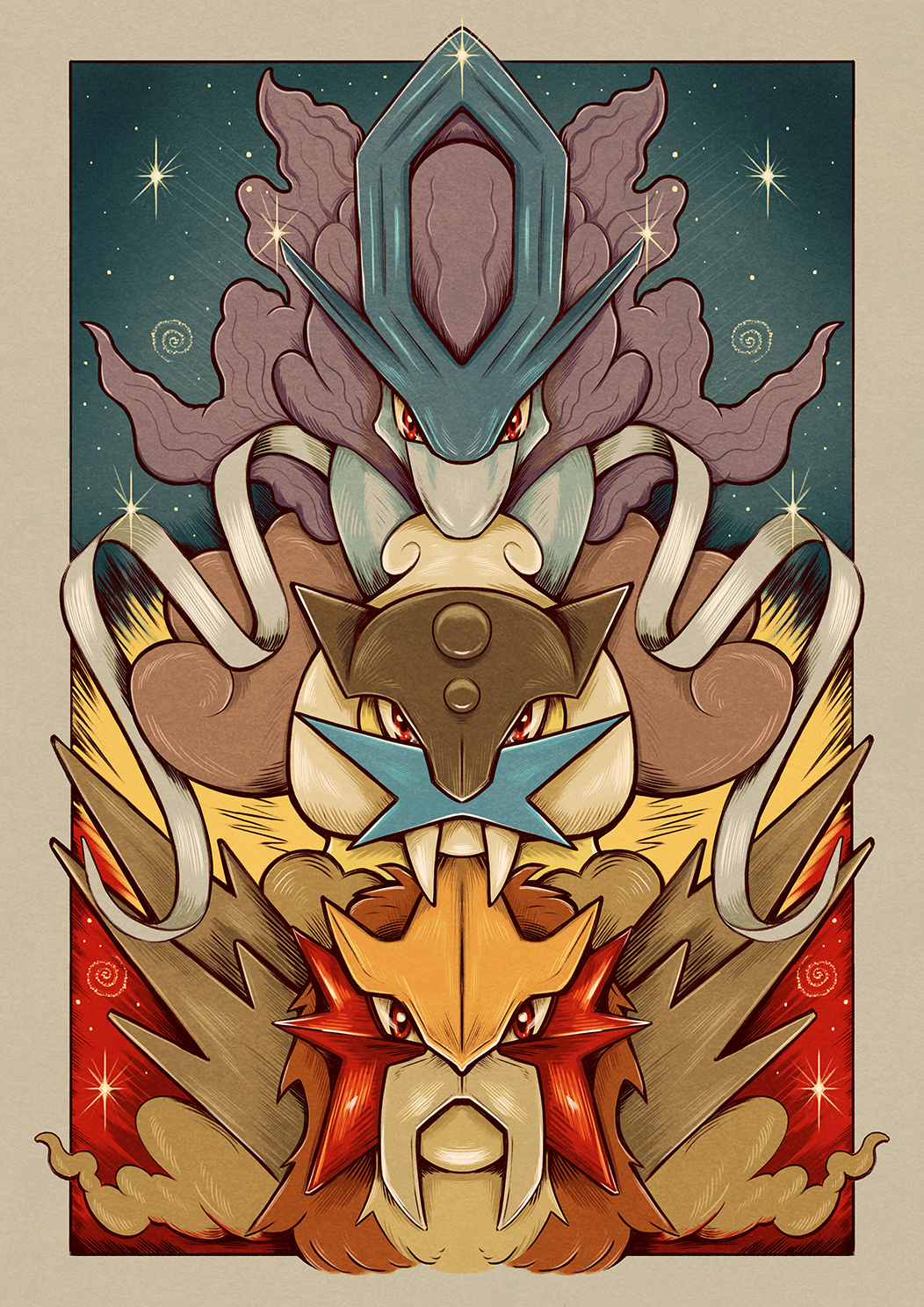 Dawgs art digital art drawing entei fan art illustration legendary dogs pokemon pokemon fan art raikou suicune