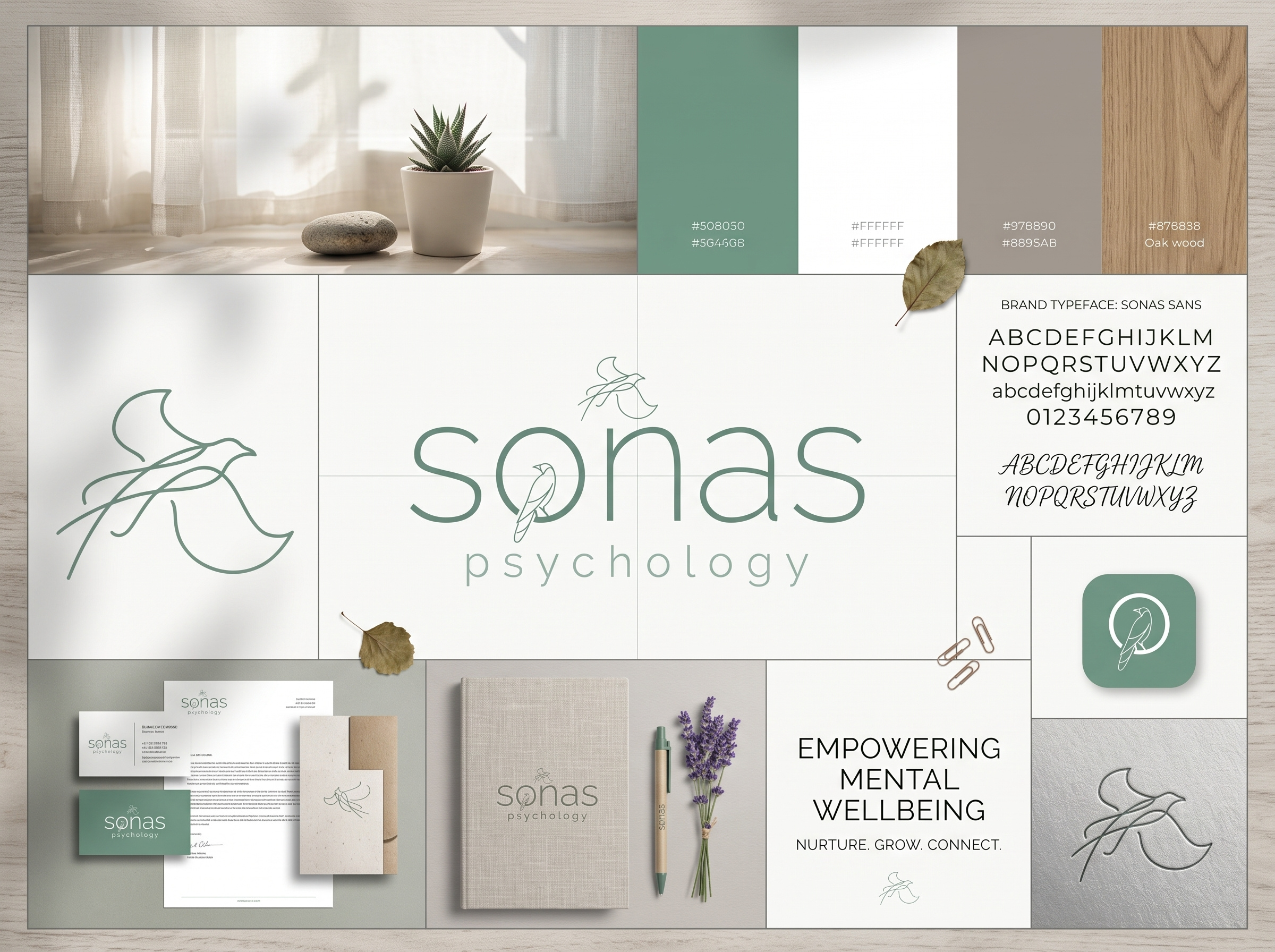 Sonas Psychology - Mental Health & Therapy Brand Identity bento grid mockup brand guidelines brand identity brand system clinic branding creative branding embossed logo graphic design inspiration line art logo logo design mental health logo modern typography packaging design psychology branding sage green palette stationery branding therapy branding visual design visual identity wellness branding