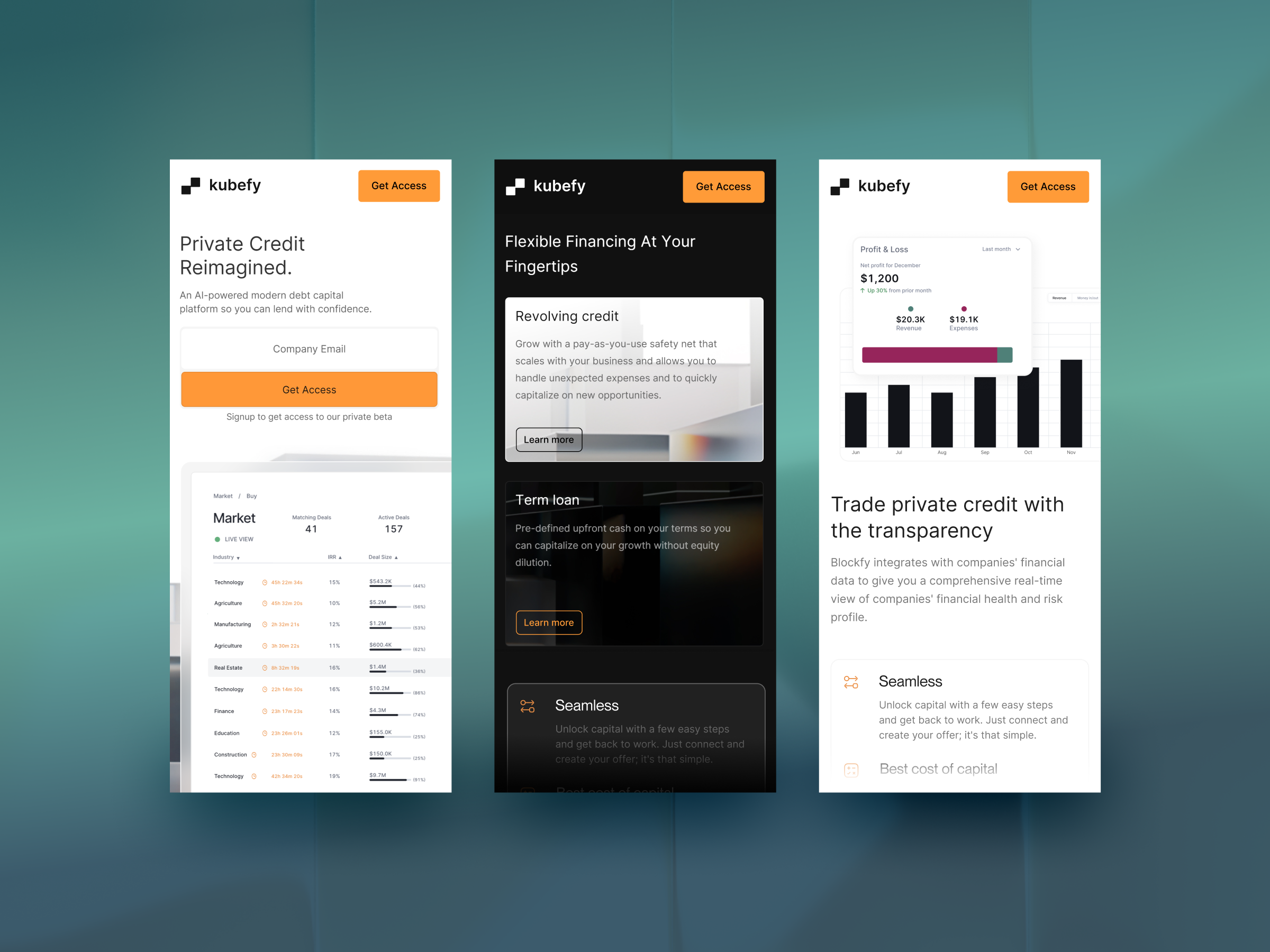 Kubefy Site 3d composite dark dashboard financing fintech light marketing site platform webdesign webflow