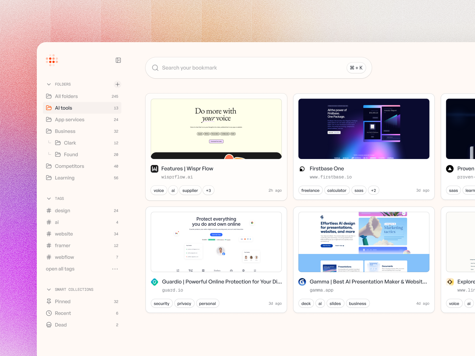 Logged - Your old bookmarks, fully searchable & AI-powered. agent ai app bookmarks dashboard design platform saas