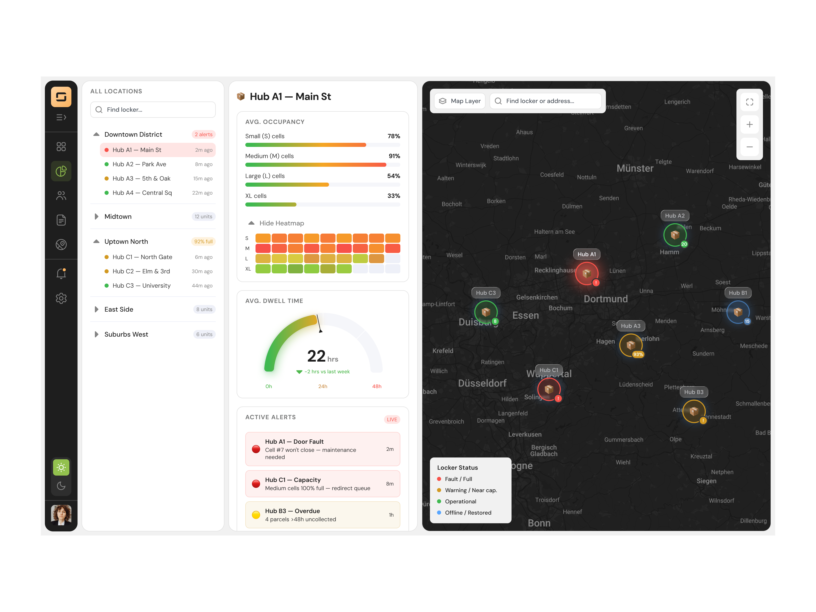 Locker Network Ops Dashboard — Real-Time Fleet Monitoring chart dashboard locker map parcel product design shipping sidebar stats ui ui design ux ux design