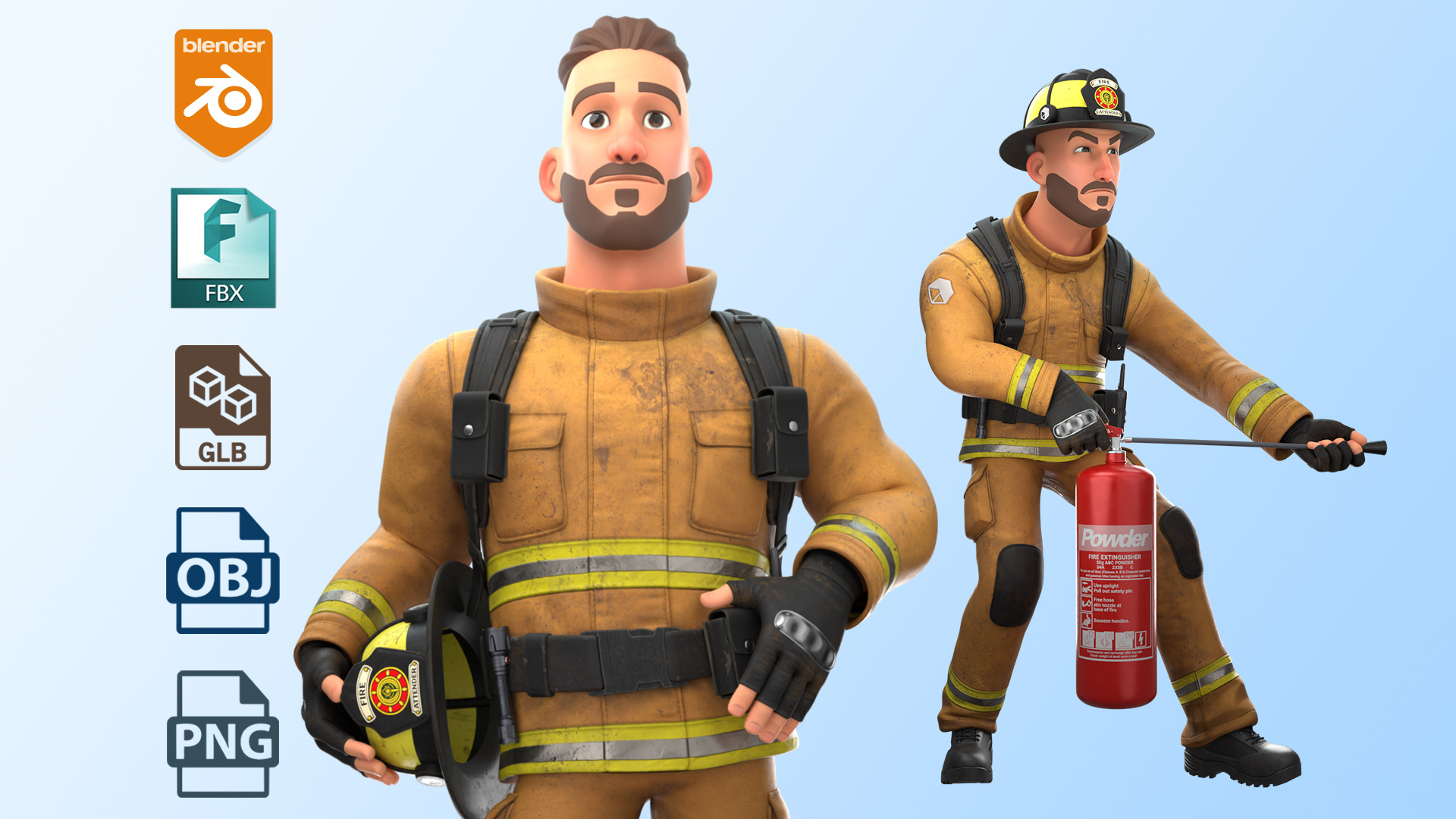 Fire Attendant: Stylized 3D Character 3d 3d character 3d model action app ar arkit blender cartoon design fire game glb illustration illustrations male ready render stylized vr