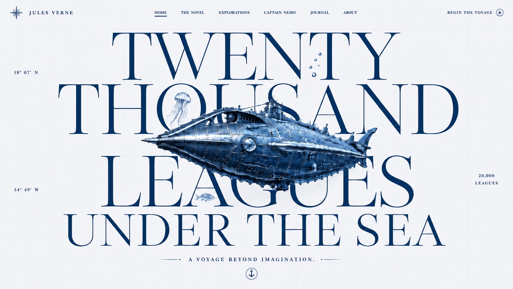 Landing Page Design - Twenty Thousand Leagues Under the Sea 3d 3d web ai design book design creative coding editorial design graphic design interactive design interactive website jules verne landing page landing page design motion design nautilus reading experience ui underwater web design website design