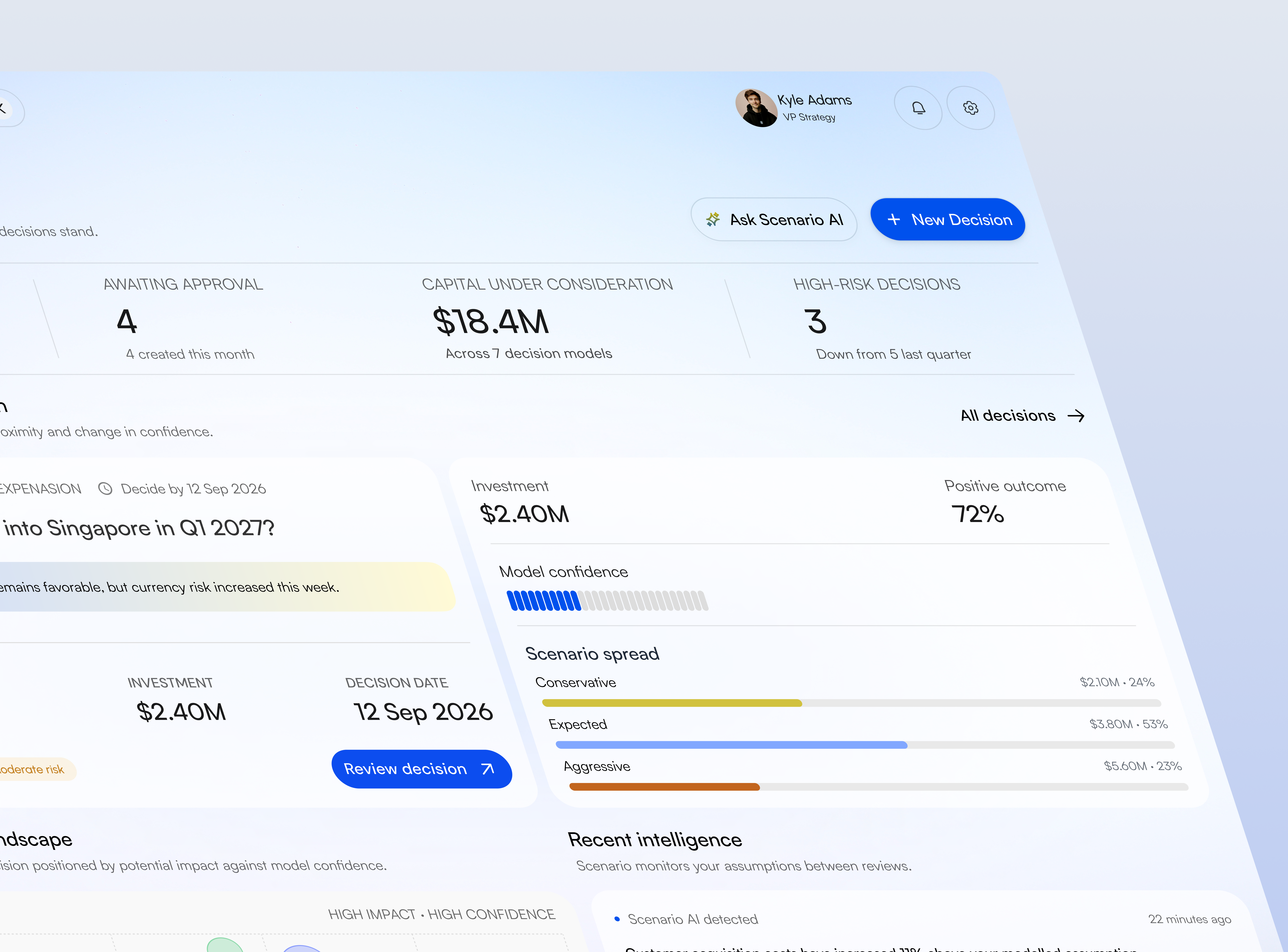 Scenario - AI Decision Intelligence Platform aiproduct analyticsdashboard artificialintelligence b2b cleanui dashboarddesign datavisualization decisionintelligence designsystems enterprisesoftware fintech interactiondesign modernui productdesign saas startupui uiux uxcasestudy uxdesign