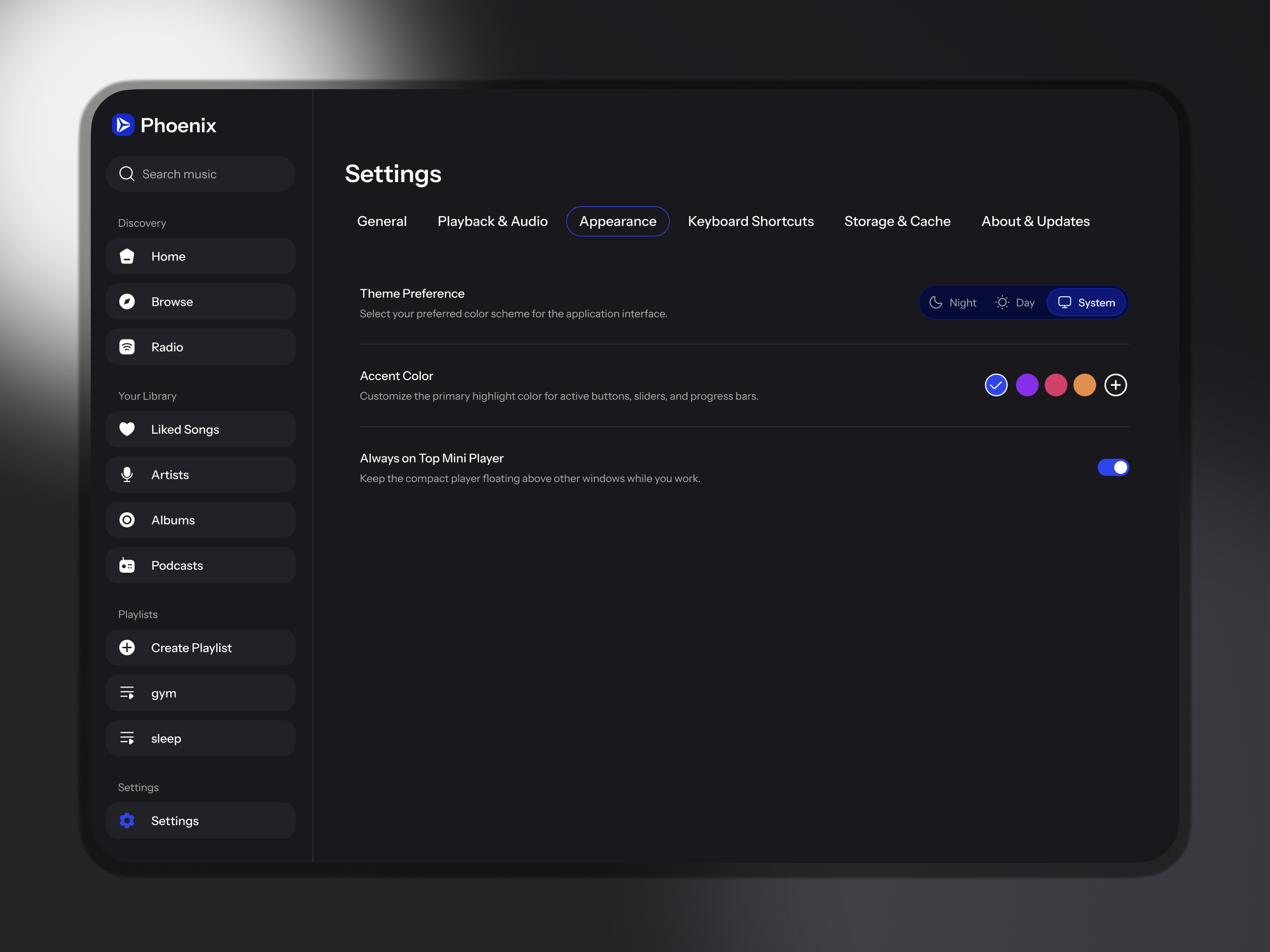 Settings screens for desktop music player app dark mode design desktop graphic design modern music music app settings theme trending ui ux web web app website