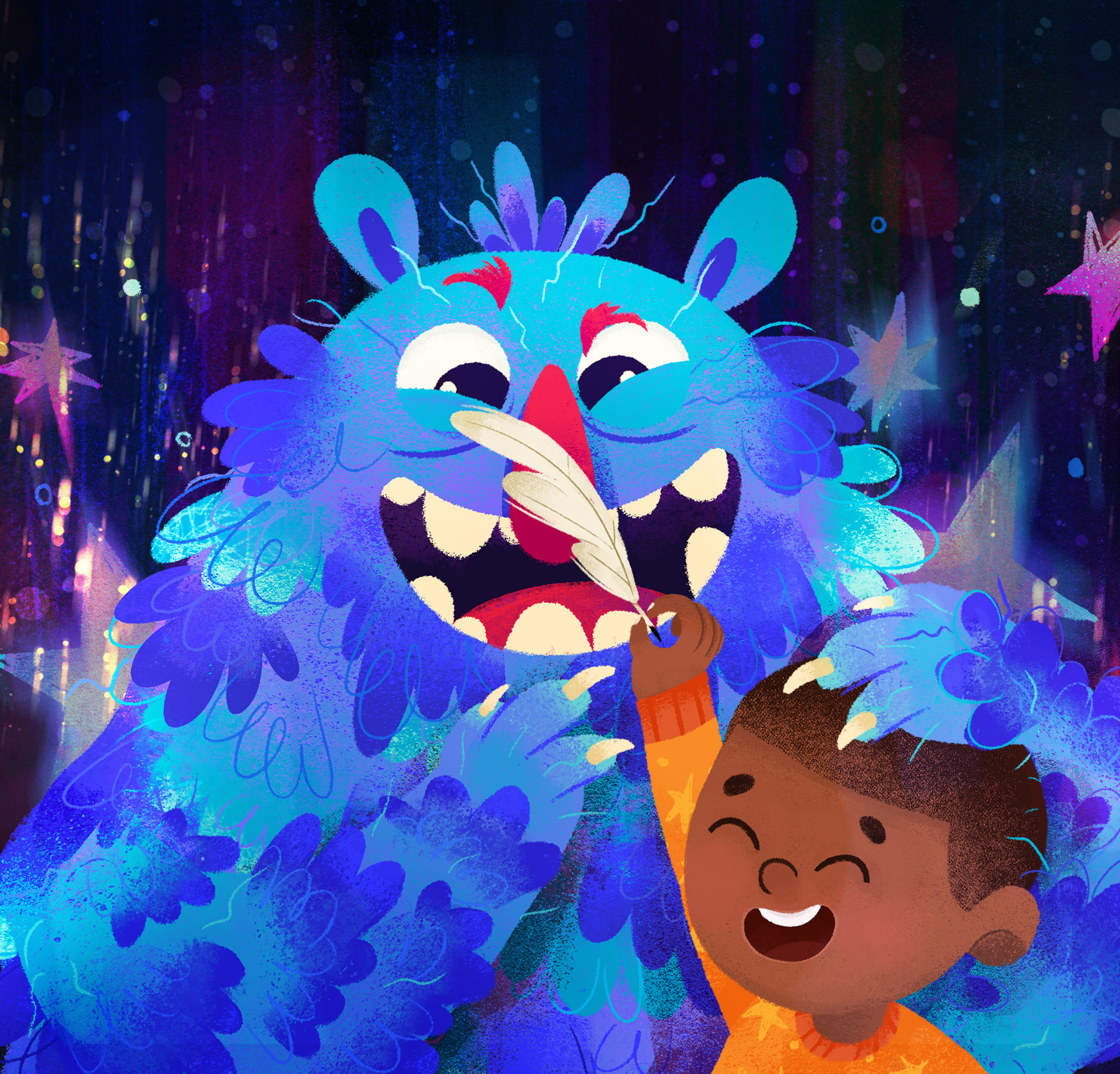 Not scary, just a glowing friend. african american character development character illustration characterdesign childrens book childrens illustration digital art kidlit kidlitart monster
