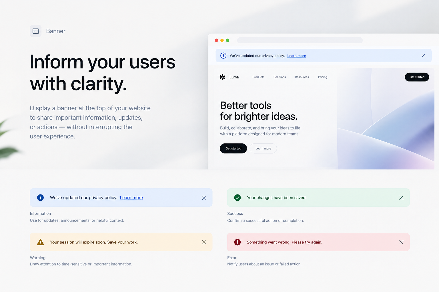 Banner Design System — Clear, Contextual UI Messaging accessibility alert design banner component design component library dashboard ui design system design systems interaction design interface design notification ui product design product ui responsive design saas design ui components ui design ux design visual design web design