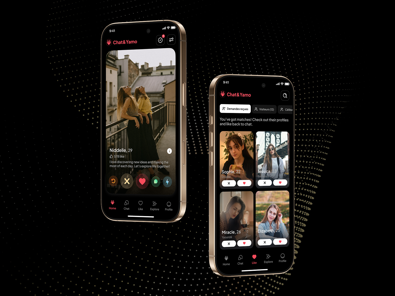 Chat&Yamo Dating App Redesign appredesign chatandyamo cleanui darkmode dating datingapp datingappdesign datingappui figma figmadesign interactiondesign lightmode matching matchingapp mobileappdesign swipeapp uiredesign uiux