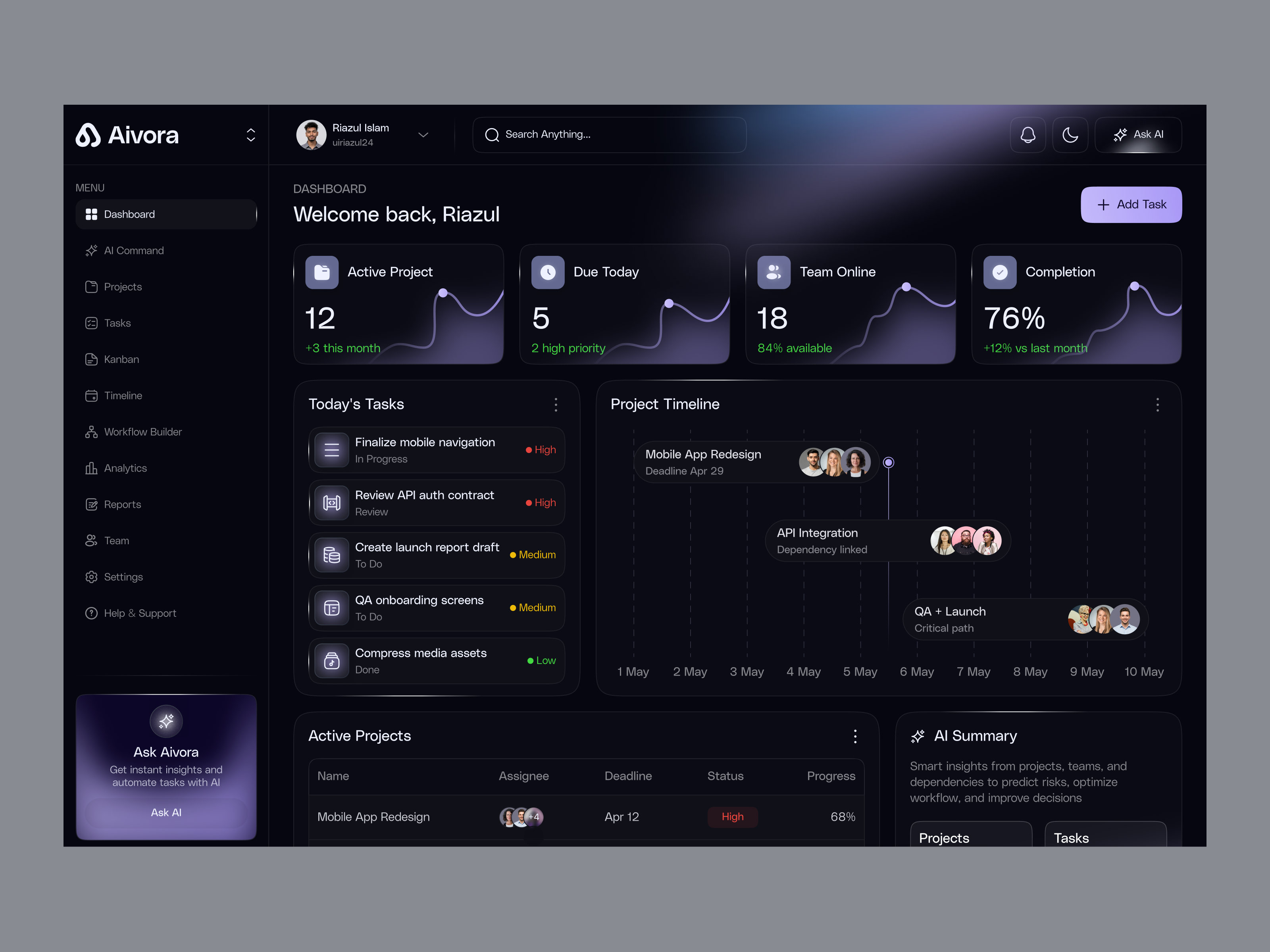 AI Project Management Dashboard — SaaS UI/UX Design ai agent ai dashboard automation dashboard product project management dashboard saas dashboard saas productivity platform task management designs ux ui design web workflow dashboard