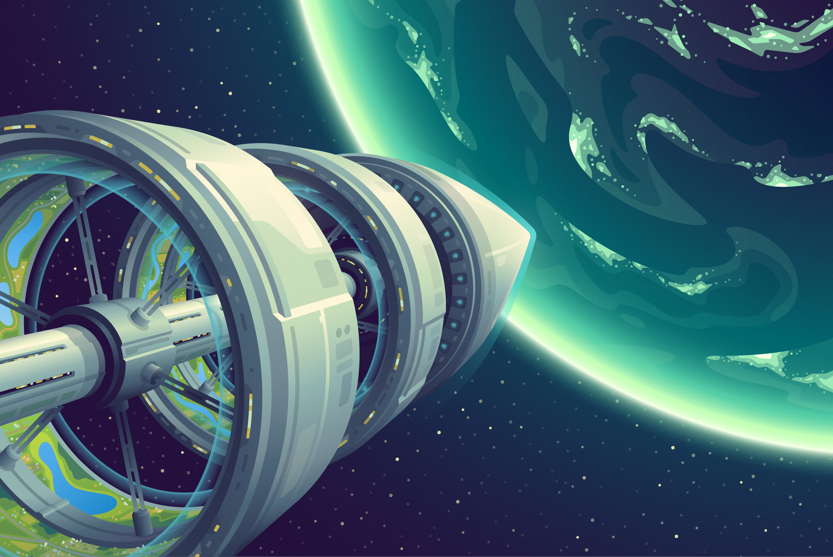 Generation Ship 2d adobe illustrator art color concept art digital art gradients illustration planet scale scifi space spaceship stars vector vector art