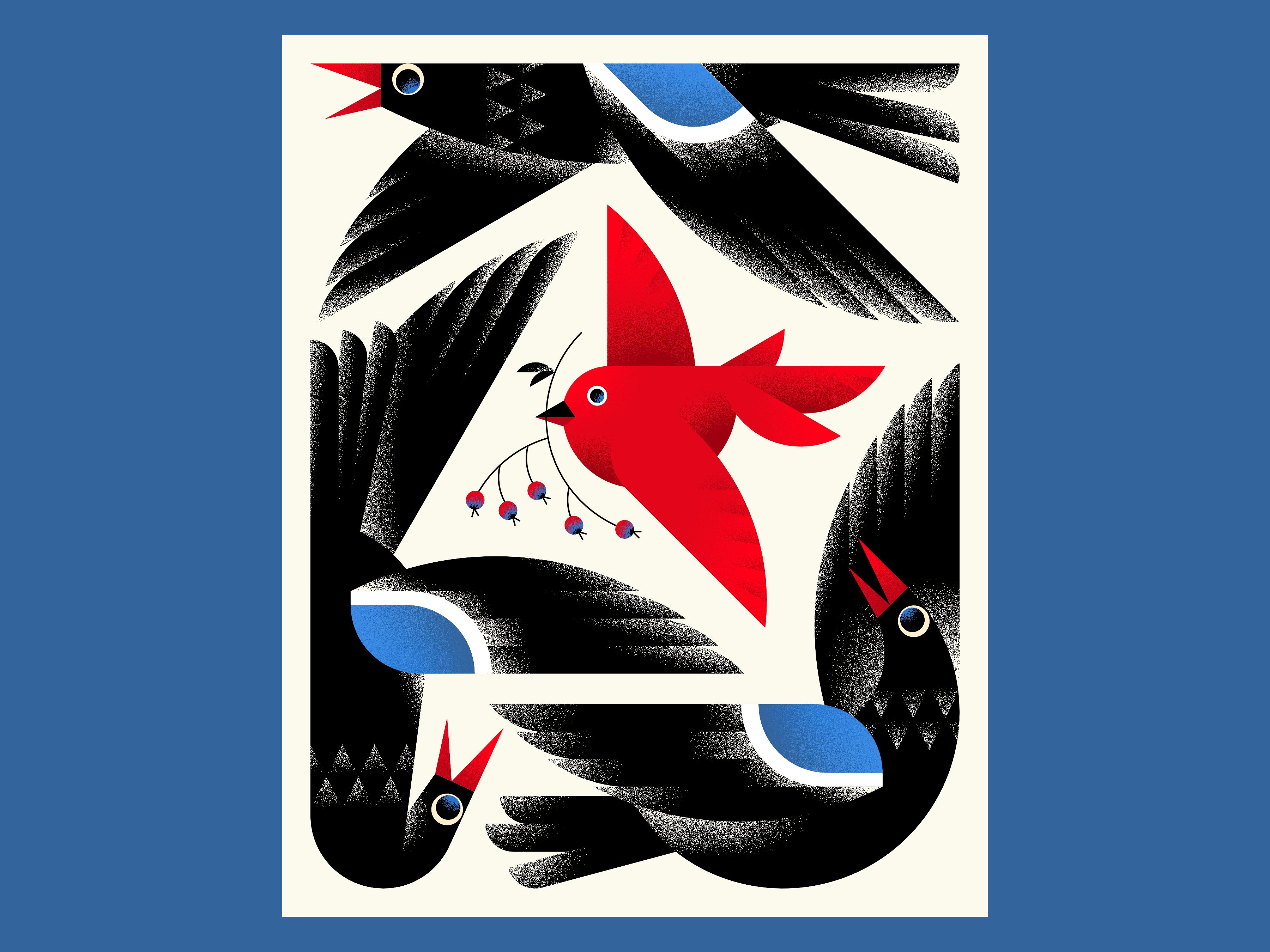 Garden Visitors berry birds color digital flat graphic design illustration nature poster texture vector